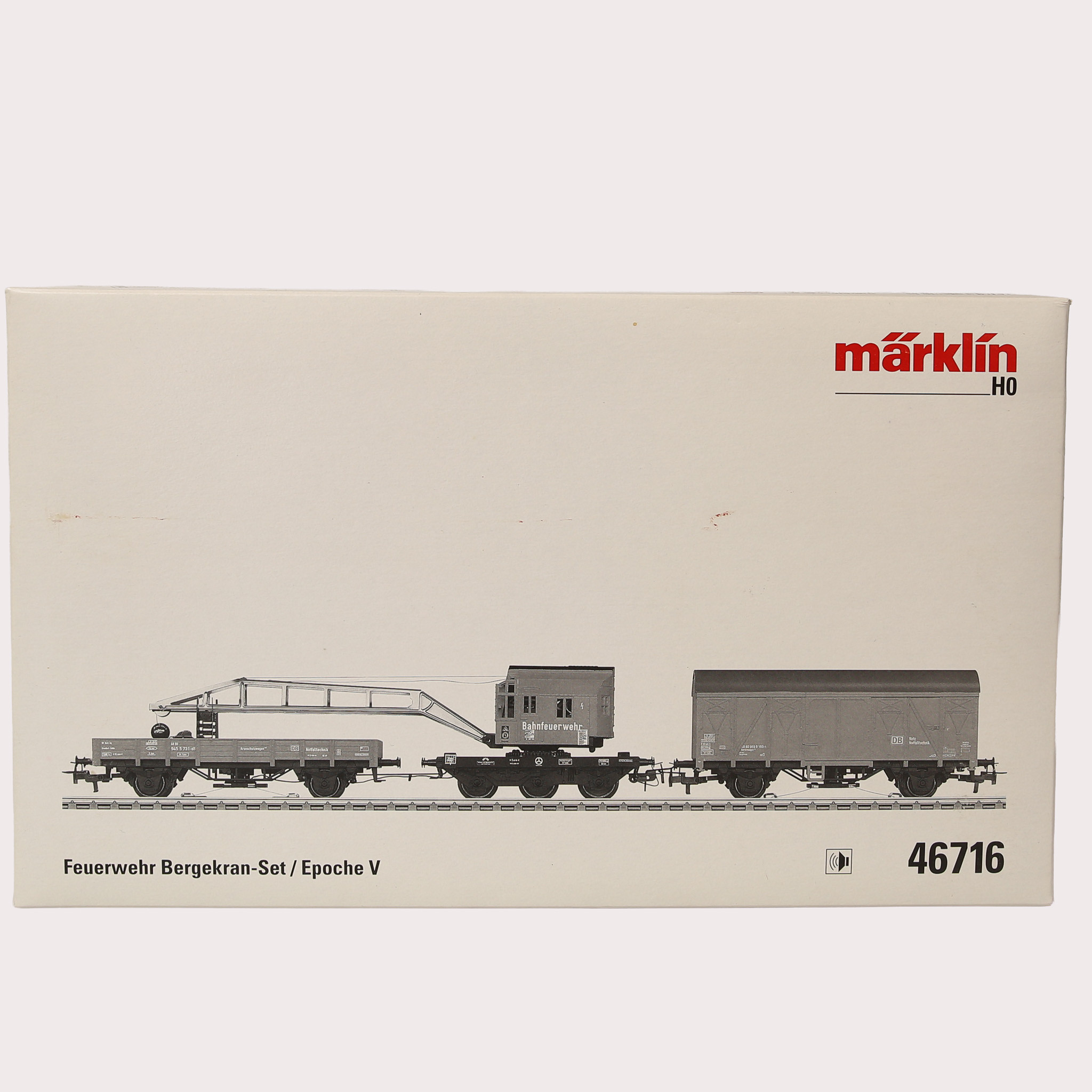 MÄRKLIN, H0, godsvagnar, Feuerwehr Bergekran-Set/Epoche V 46716. I originalförpackning.
