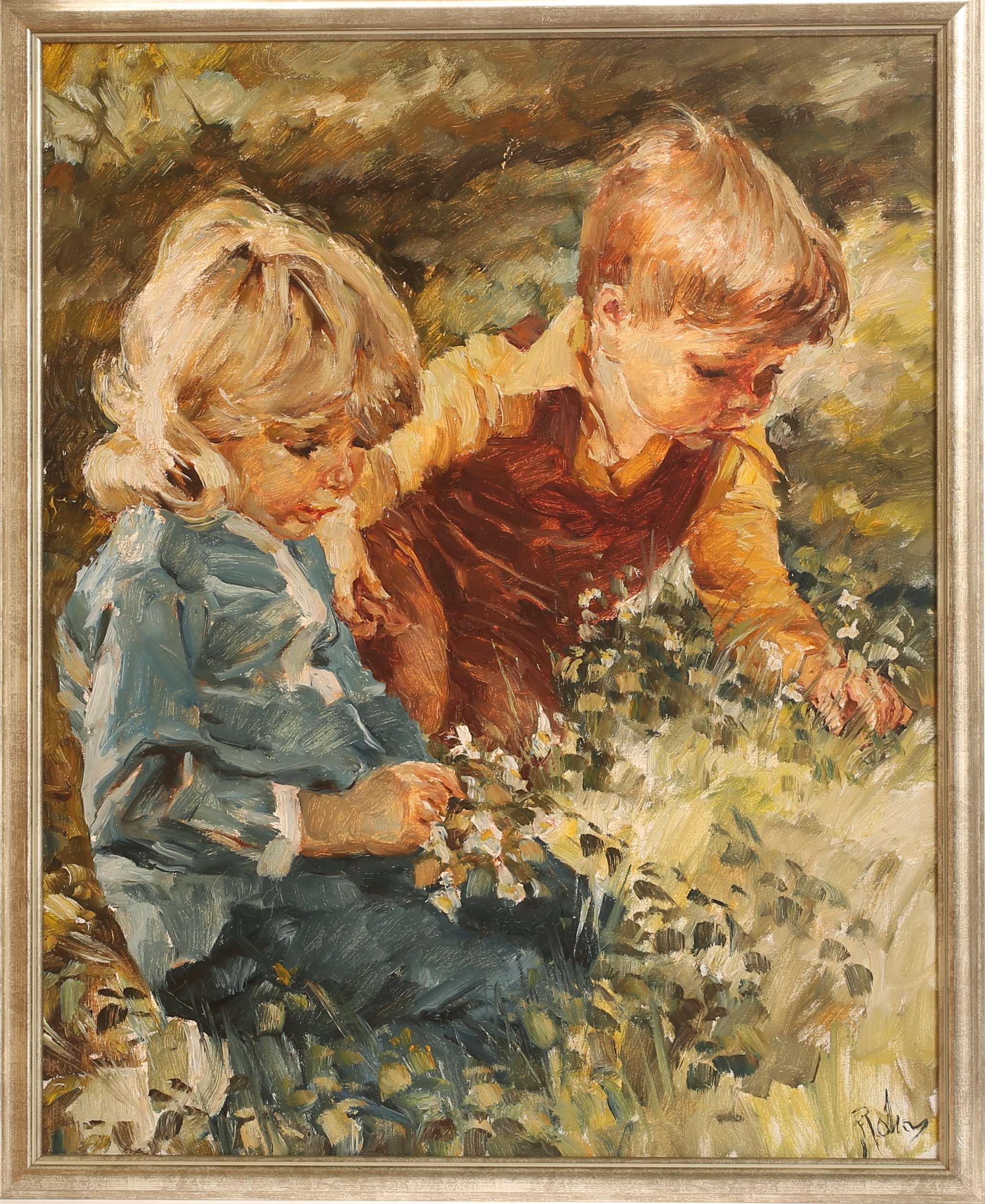 CHARLES ROKA. Olja på duk, lekande barn, signerad.