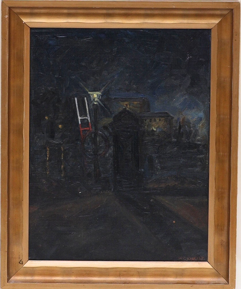 OIDENTIFIERAD KONSTNÄR. Stadsbild i kvällsljus, otydligt signerad.