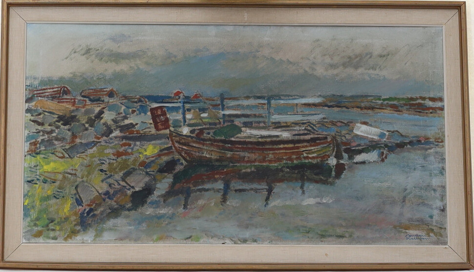 ANDERS HELLSTEN. olja på duk, strandbank med fiskebåt, signerad.