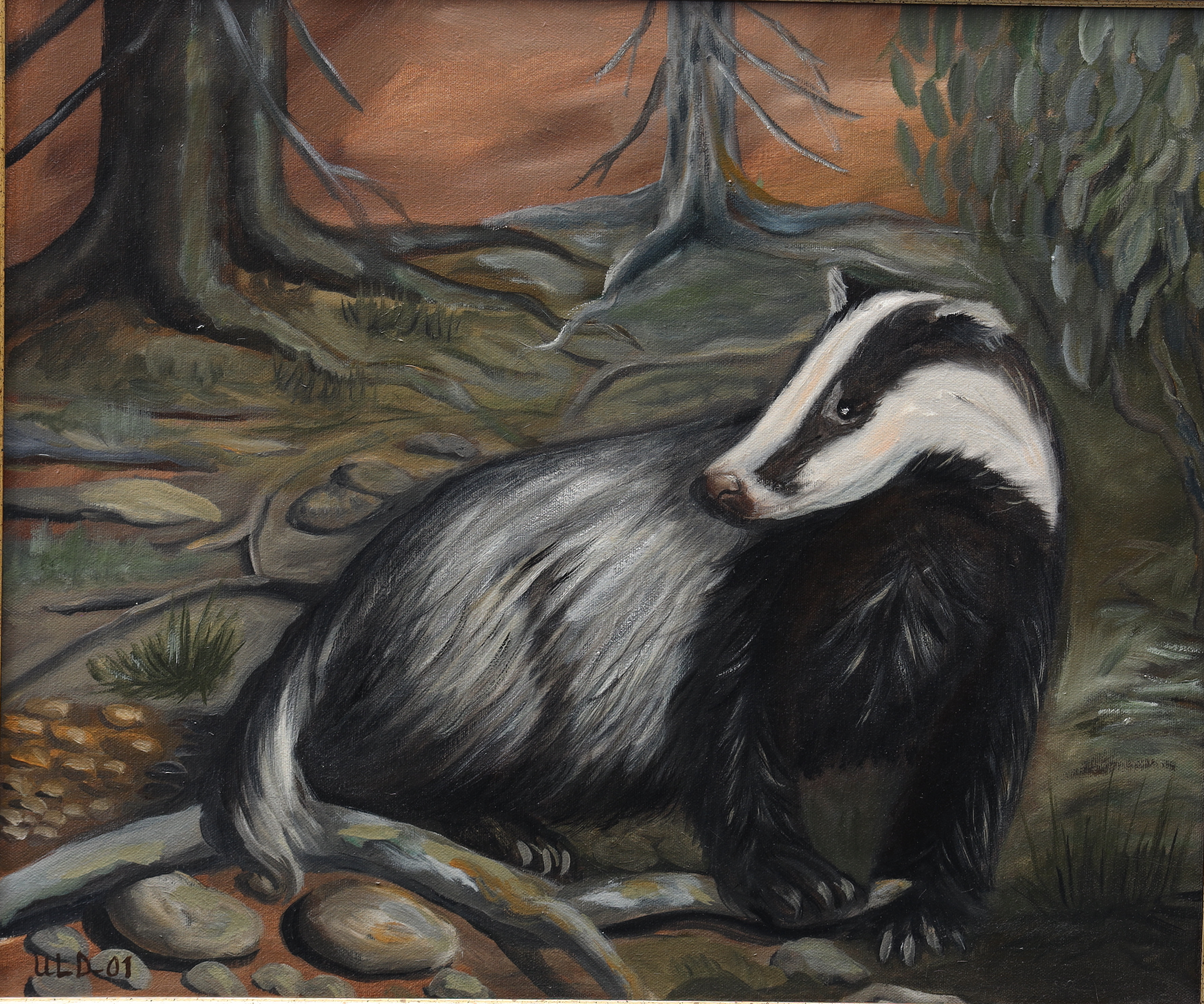 ULLA LUNDIN DAHLEN. Naturbild med grävling, olja på duk, monogramsignerad och daterad 01.