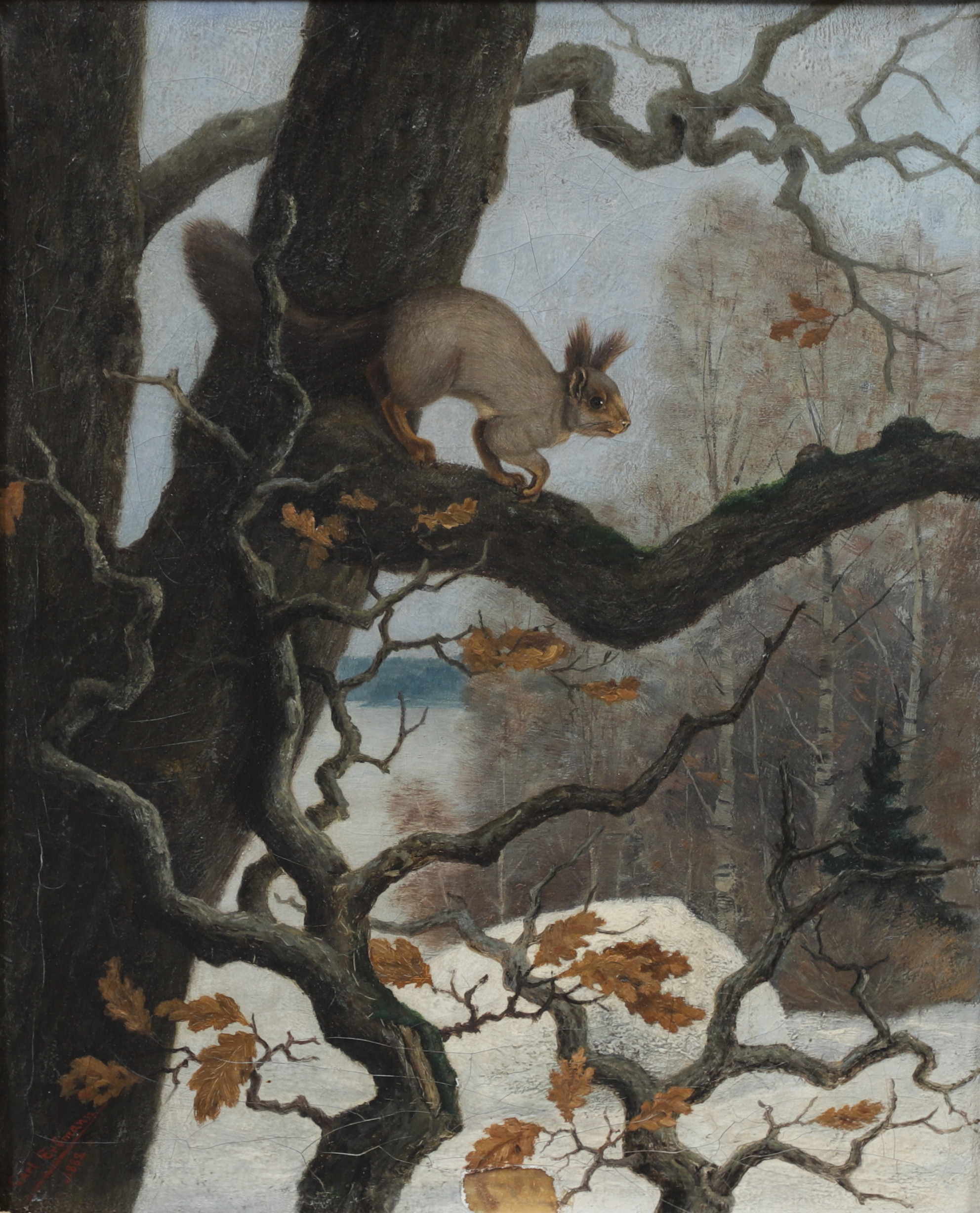 CARL ERDMANN. Ekorre i träd, olja på duk, signerad och daterad 1882.