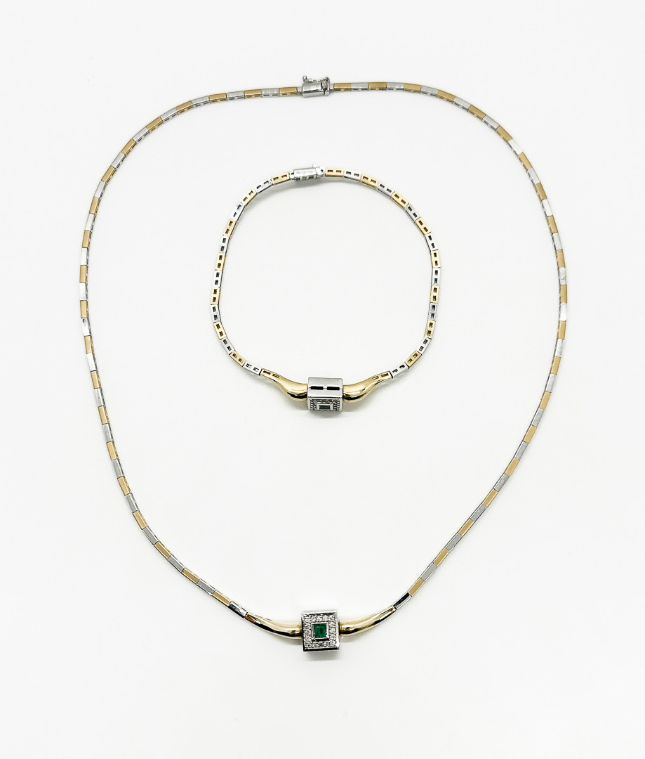 COLLIER & ARMBAND, 14k Guld, rubiner, smaragder och diamanter.