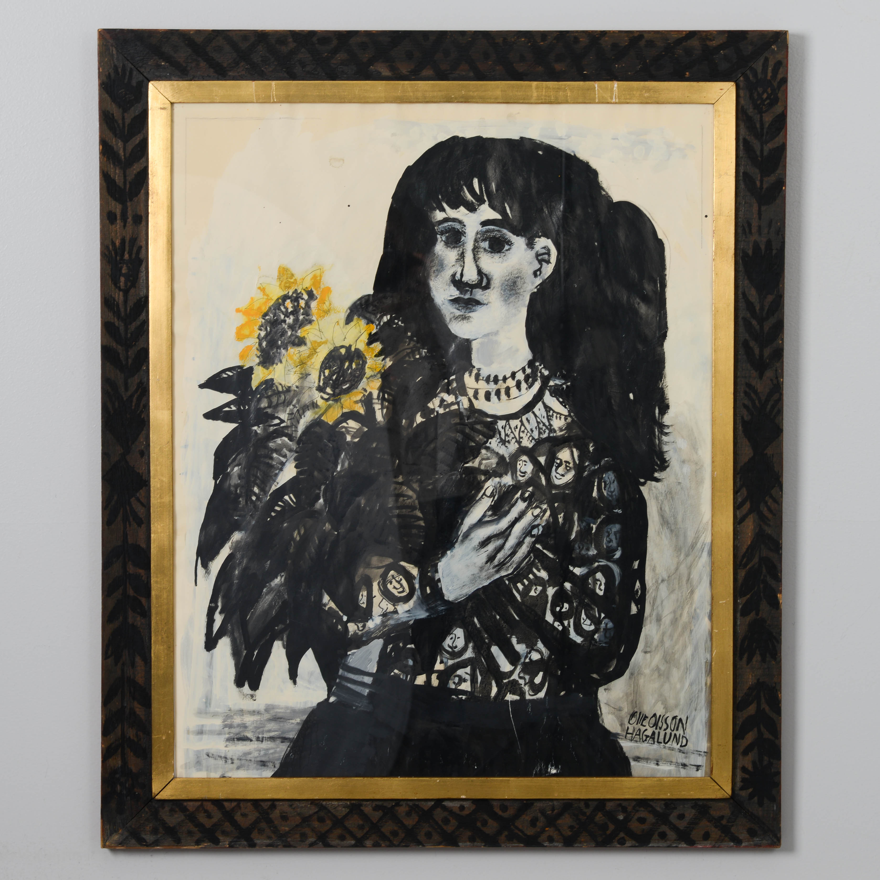 OLLE  OLSSON HAGALUND. "Flicka med solrosor", gouache på papper, signerad.
