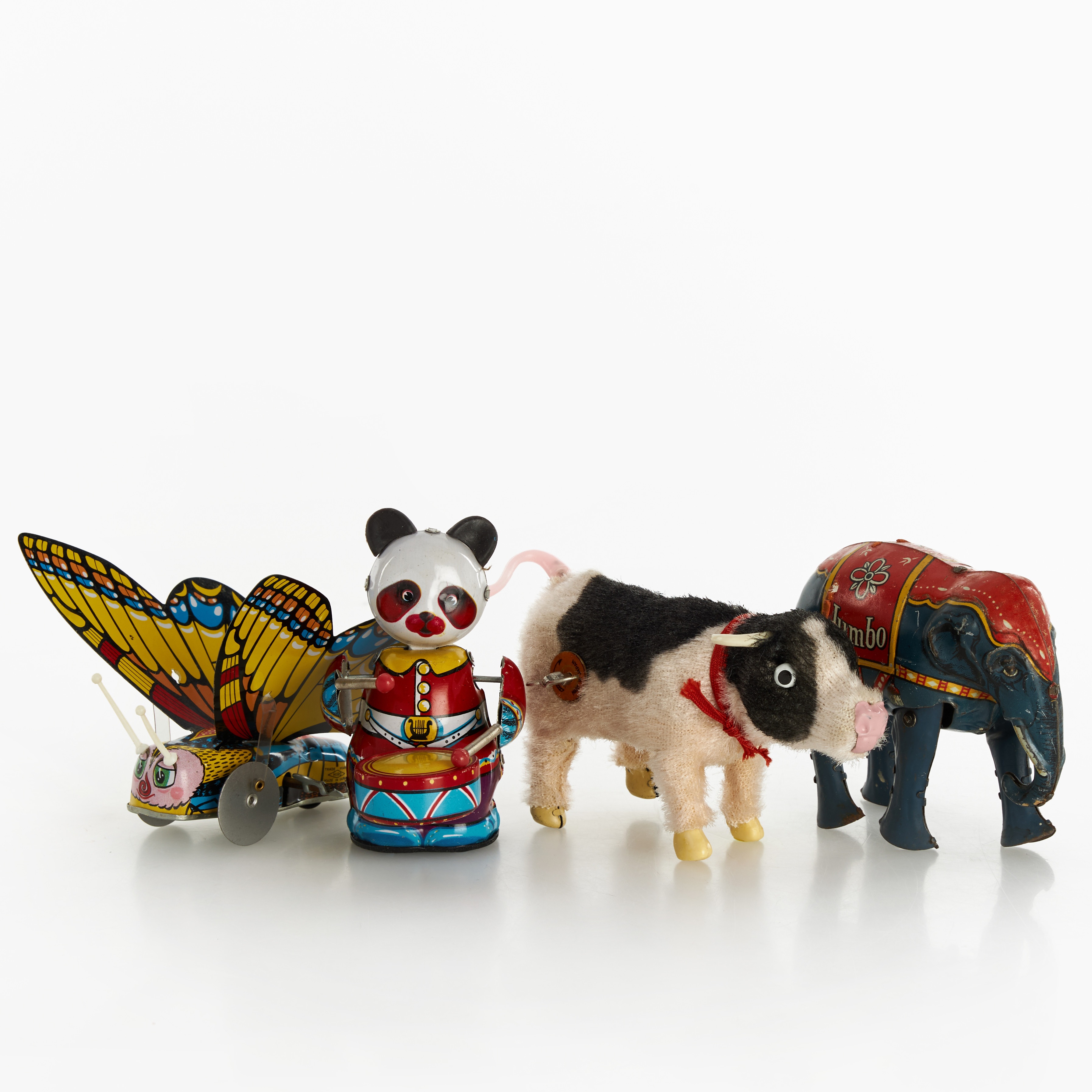 PLÅTLEKSAKER, djur, 4 st, bl.a. BLOMER & SCHULER, "Jumbo", urverk, originalkartonger, omkring 1900-talets mitt.