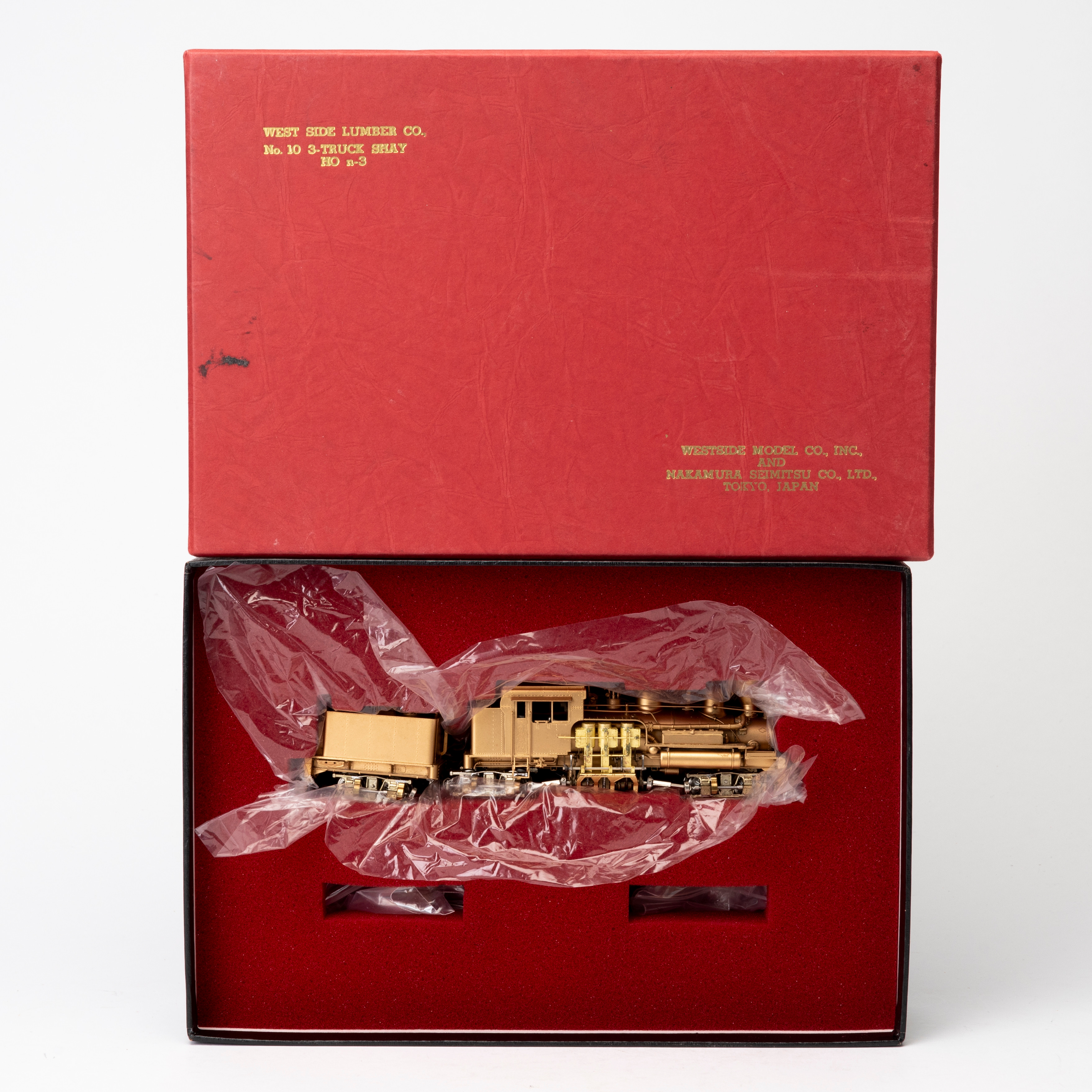 WESTSIDE No 10 Three truck Shay, amerikanskt ånglok med tender, handbyggd mässing , Nakamura Japan, originalförpackning.