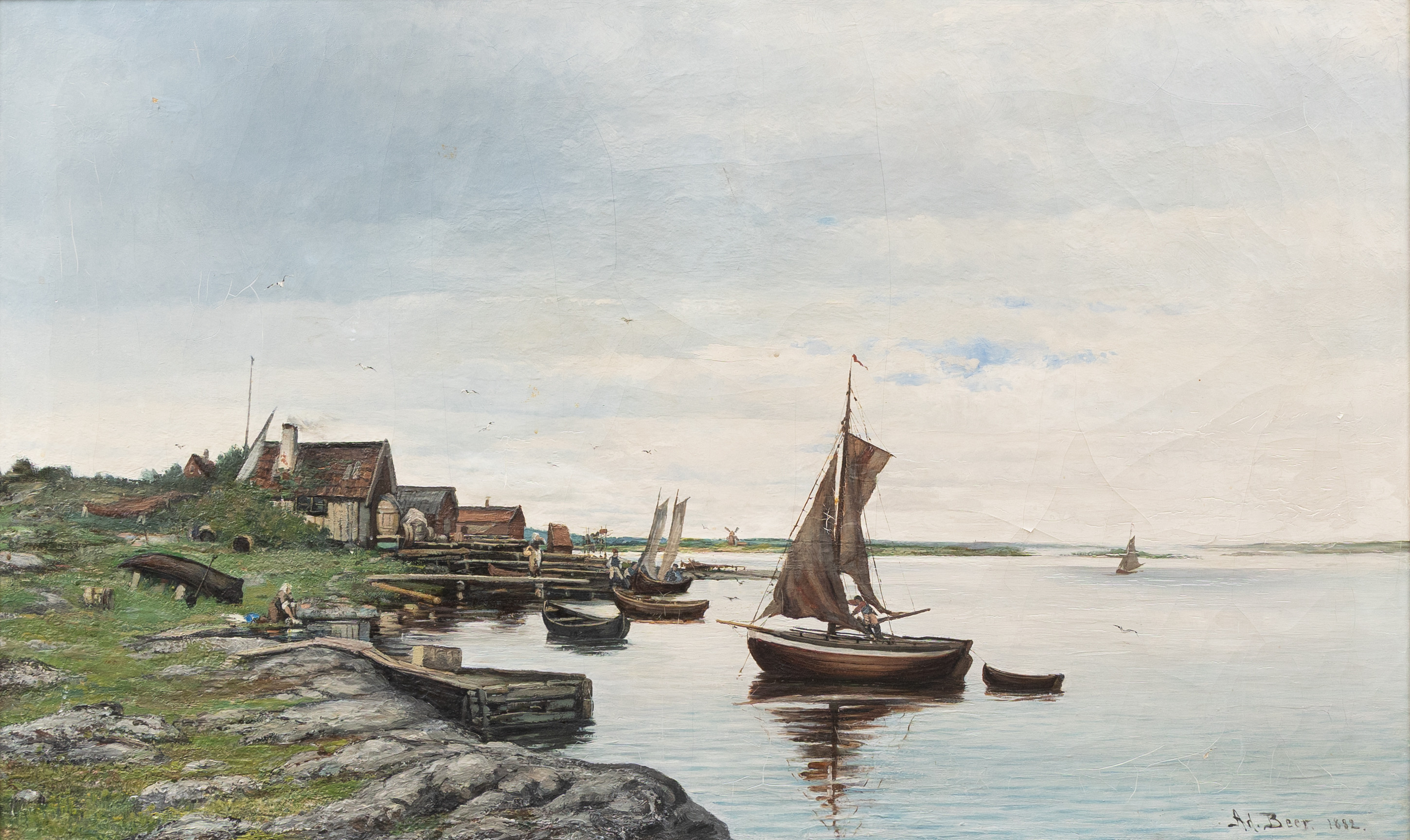 ADOLF BEER, (TYSKLAND, 1865-1912). Kustlandskap med fiskebåtar, olja på duk, signerad och daterad 1882.