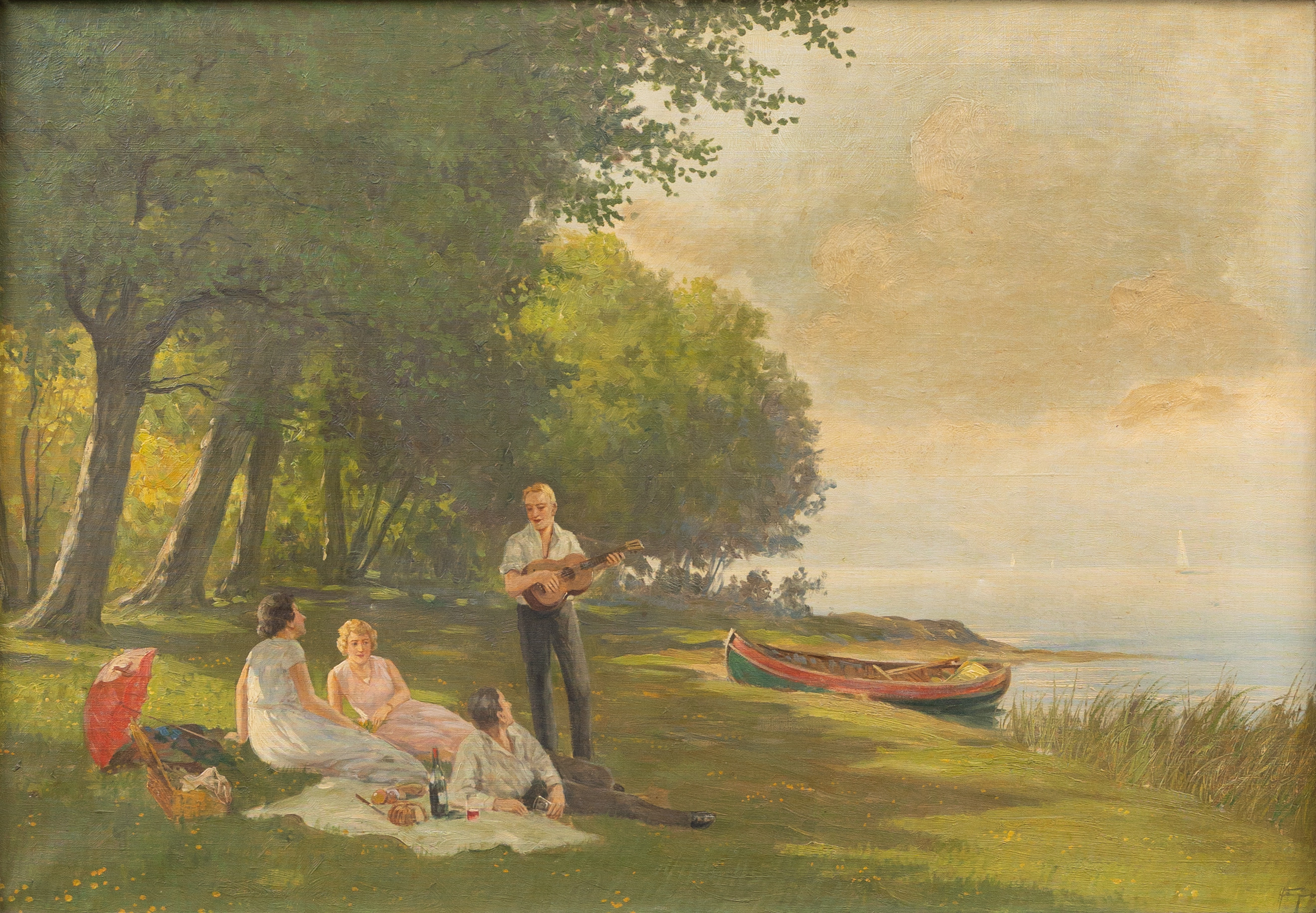 OIDENTIFIERAD KONSTNÄR. Picknick vid strand, olja på duk, otydligt signerad.