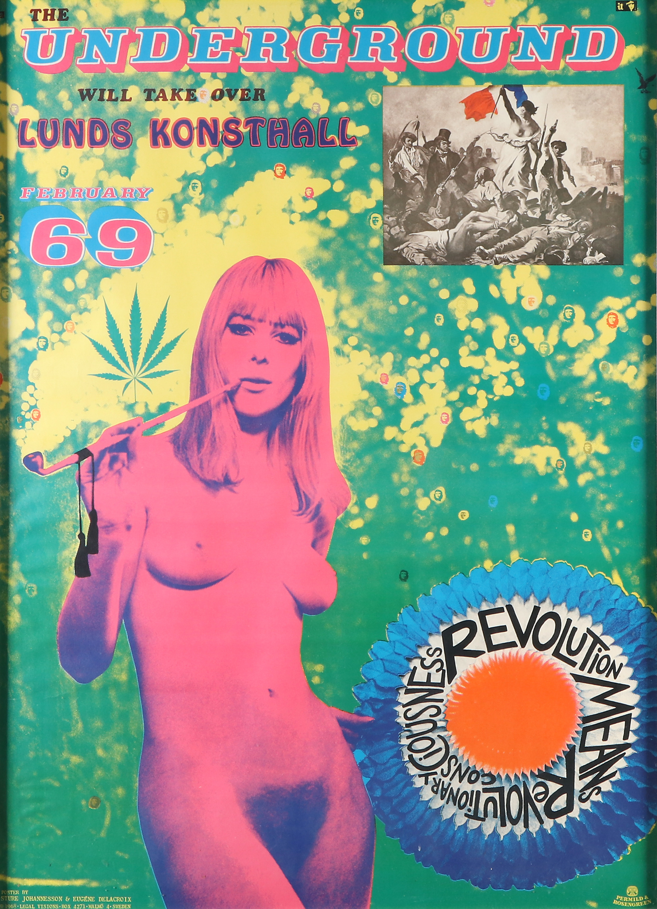 STURE JOHANNESSON & EUGÉNE DELACROIX. Affish. "The Underground will take over Lunds Konsthall", February 69. Permild & Rosengren.