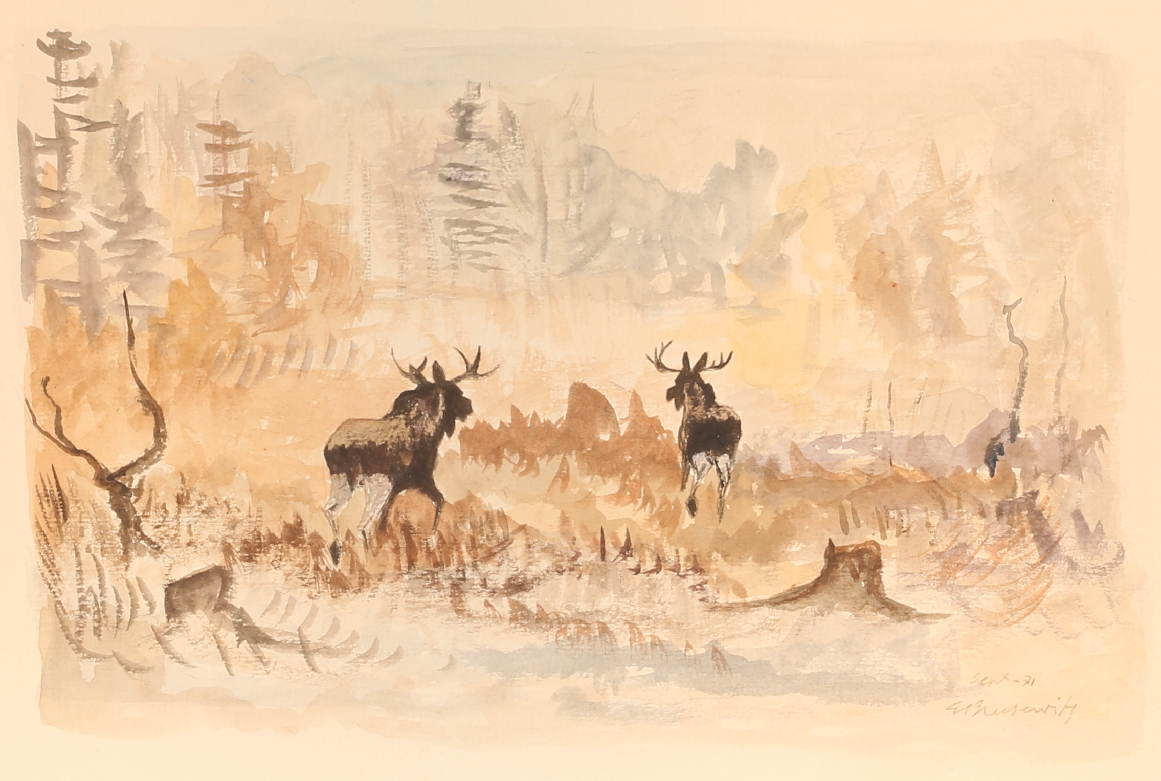 GUNNAR BRUSEWITZ. Akvarell, älgar, signerad, September -71.