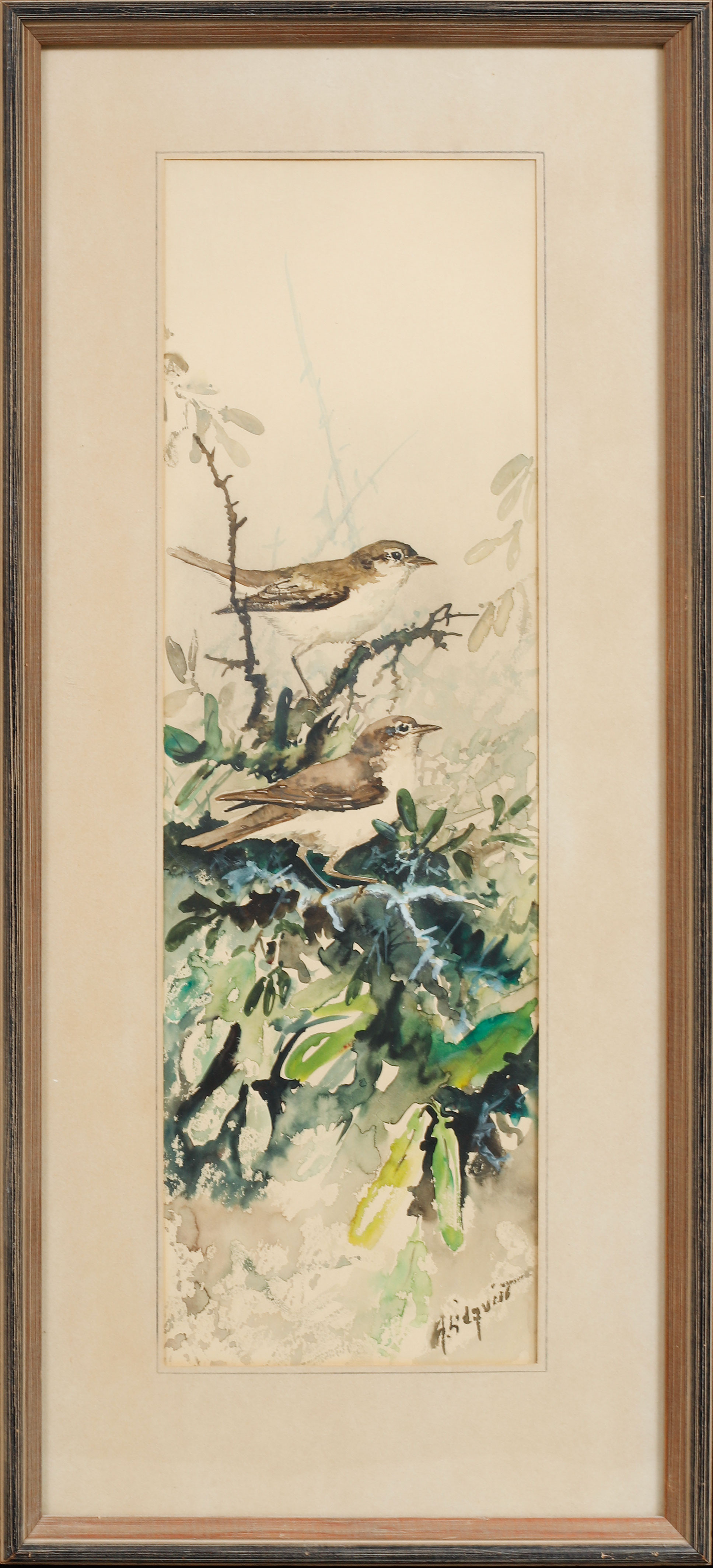 ARNE LIDQVIST. Trädgårdssångare", akvarell, signerad.