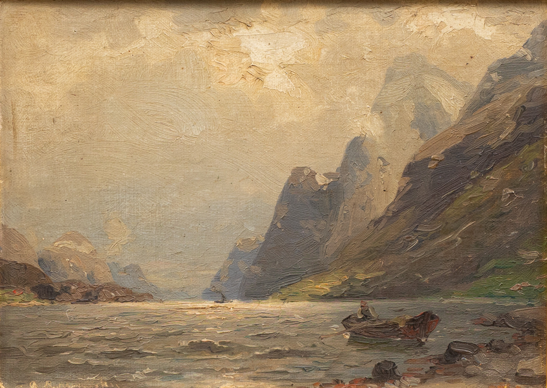 ANTON RASMUSSEN (NORGE. 1842-1914). Fjordlandskap med fiskebåt, olja på pannå, signerad.
