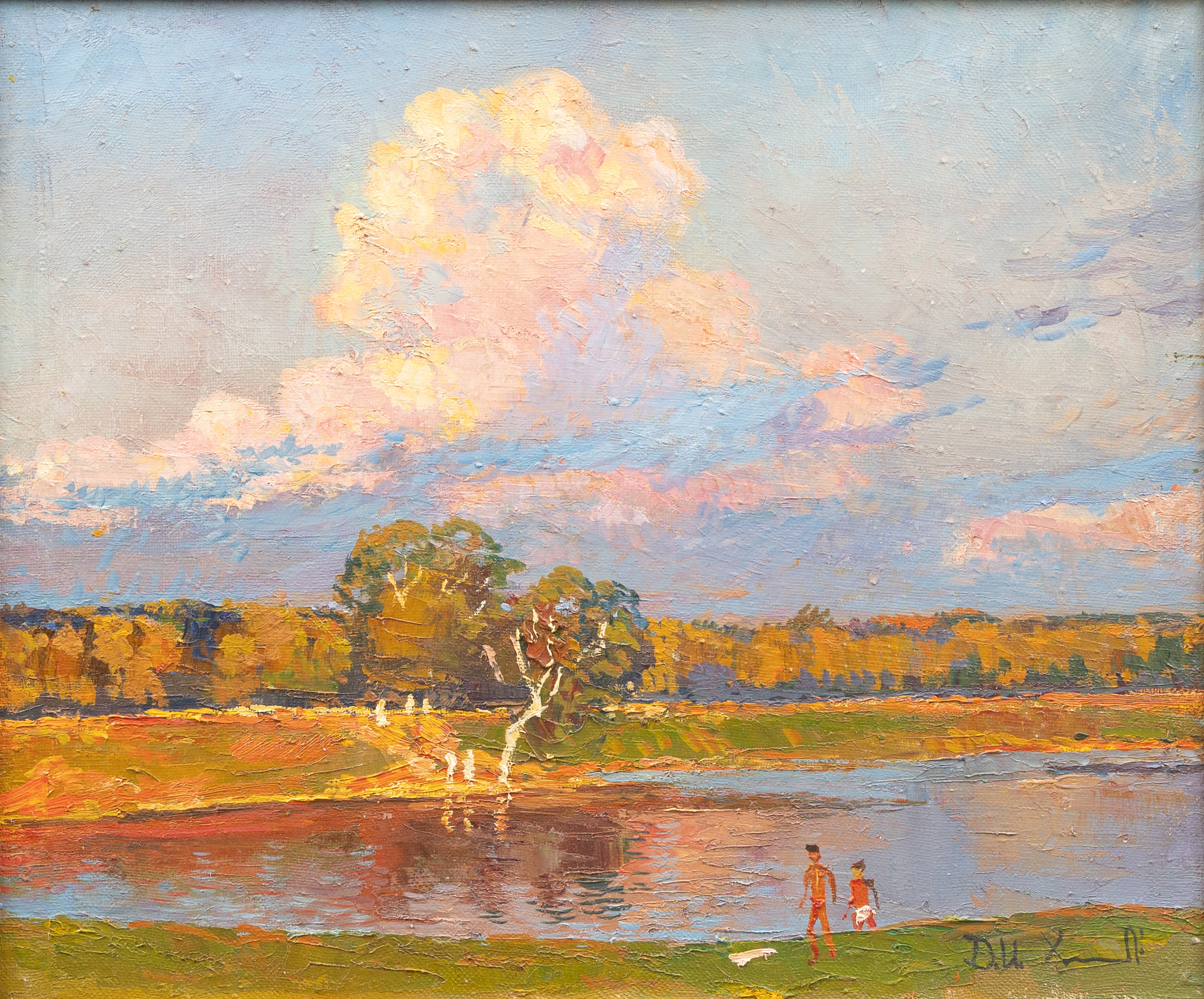 DMITRIJ IVANOVIC CHAMIN (RYSSLAND, 1945-1996). Sommarlandskap vid flod, olja på duk, signerad.