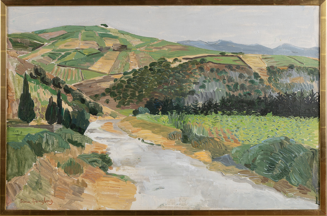 SVEN LJUNGBERG. Olja på duk, motiv av bergs- och odlingslandskap.