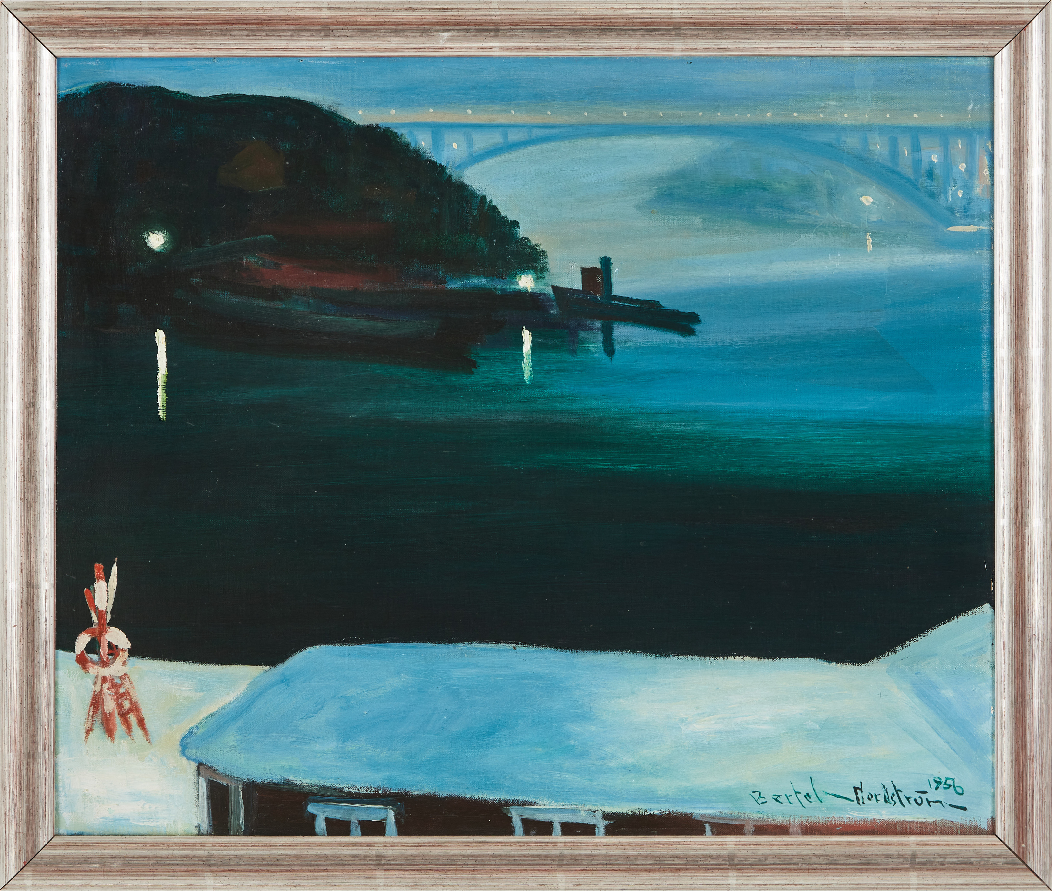 BERTEL BERTEL-NORDSTRÖM (1884-1967). Skymning över Västerbron, olja på duk, signerad daterad 1956.
