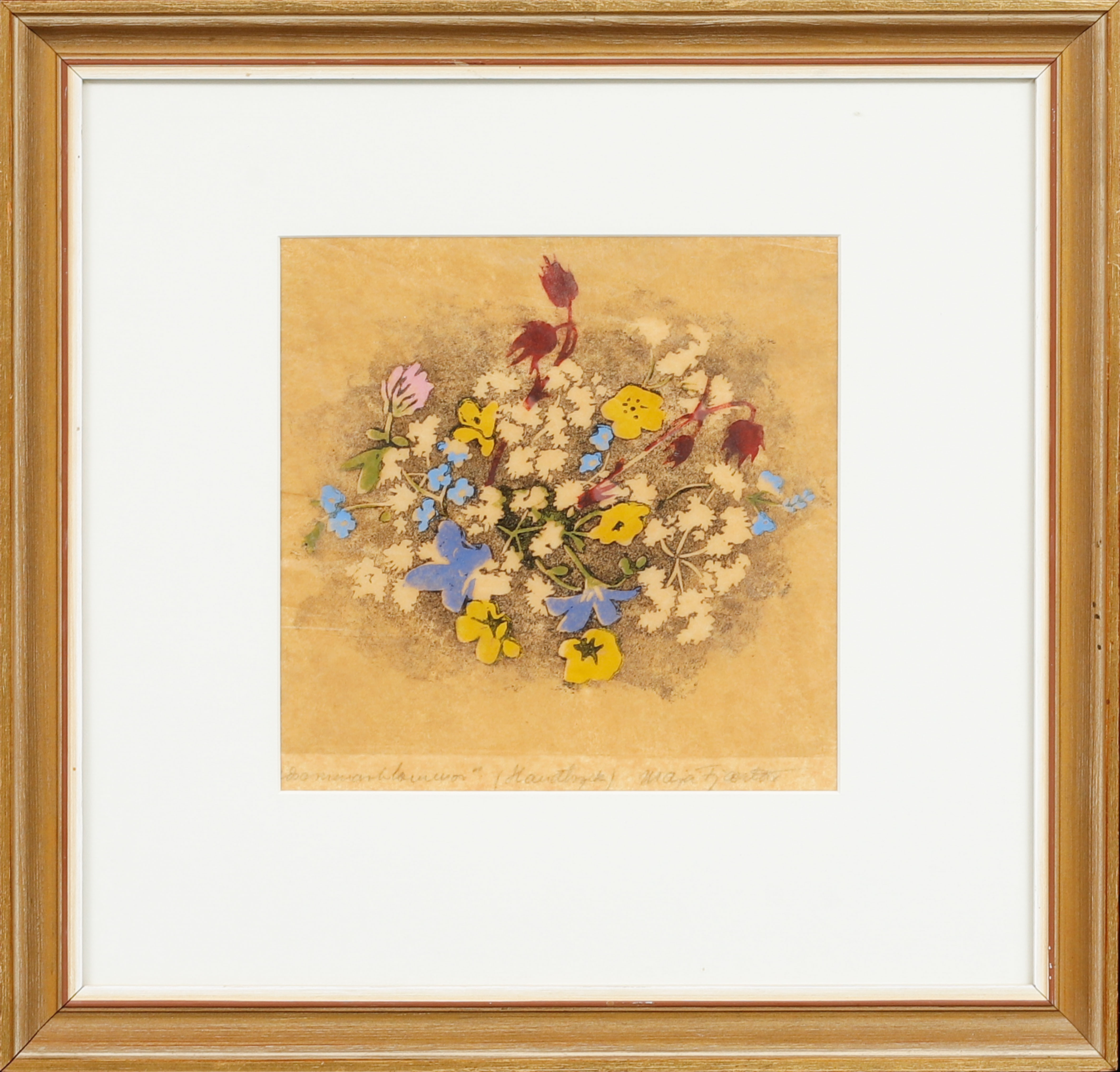 MAJA FJAESTAD. "Sommarblommor", träsnitt, handtryck, signerad.