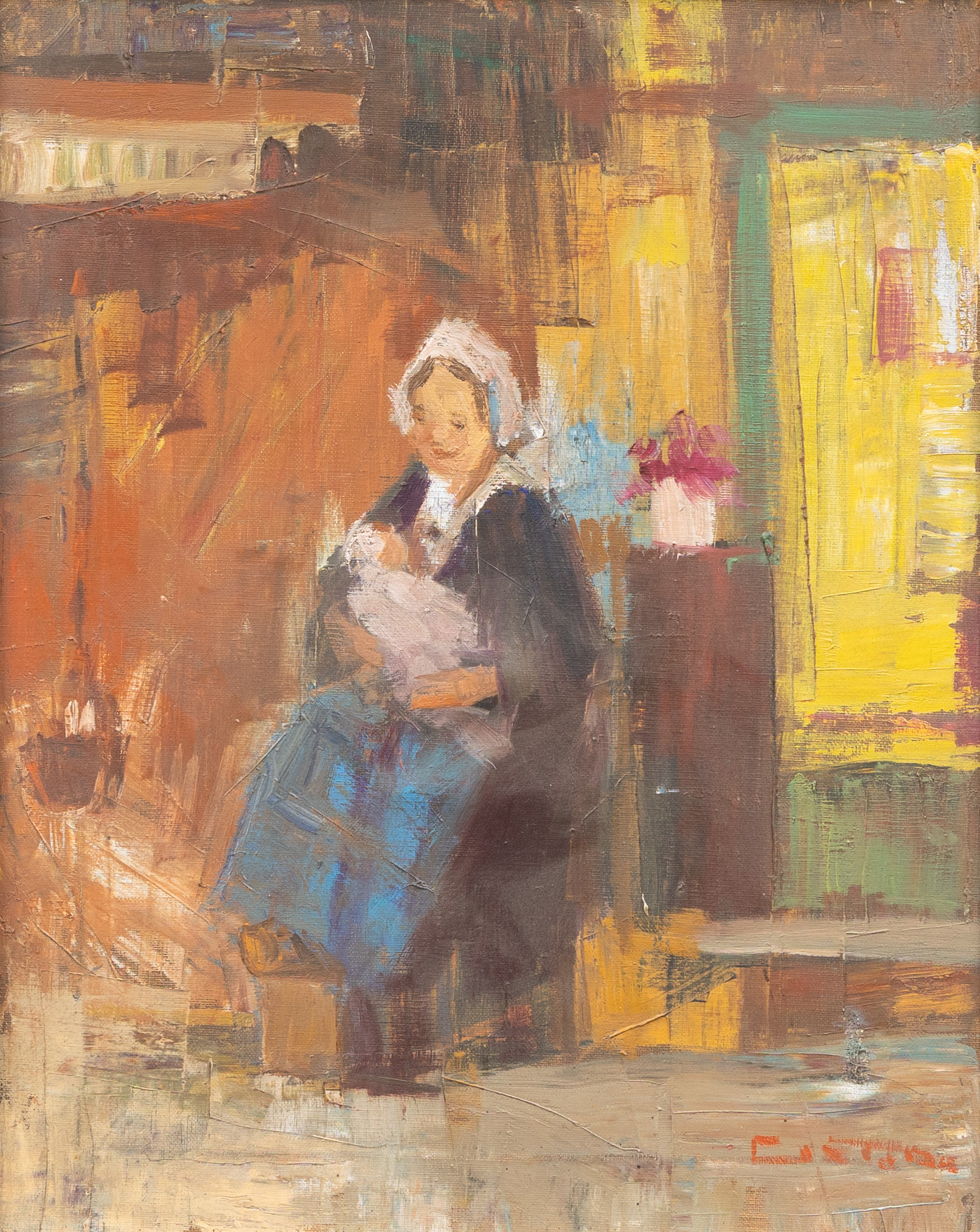 NICOLAI COSTER (NEDERLÄNDERNA, 1901-?). Kvinna med barn i famn, olja på duk, signerad.