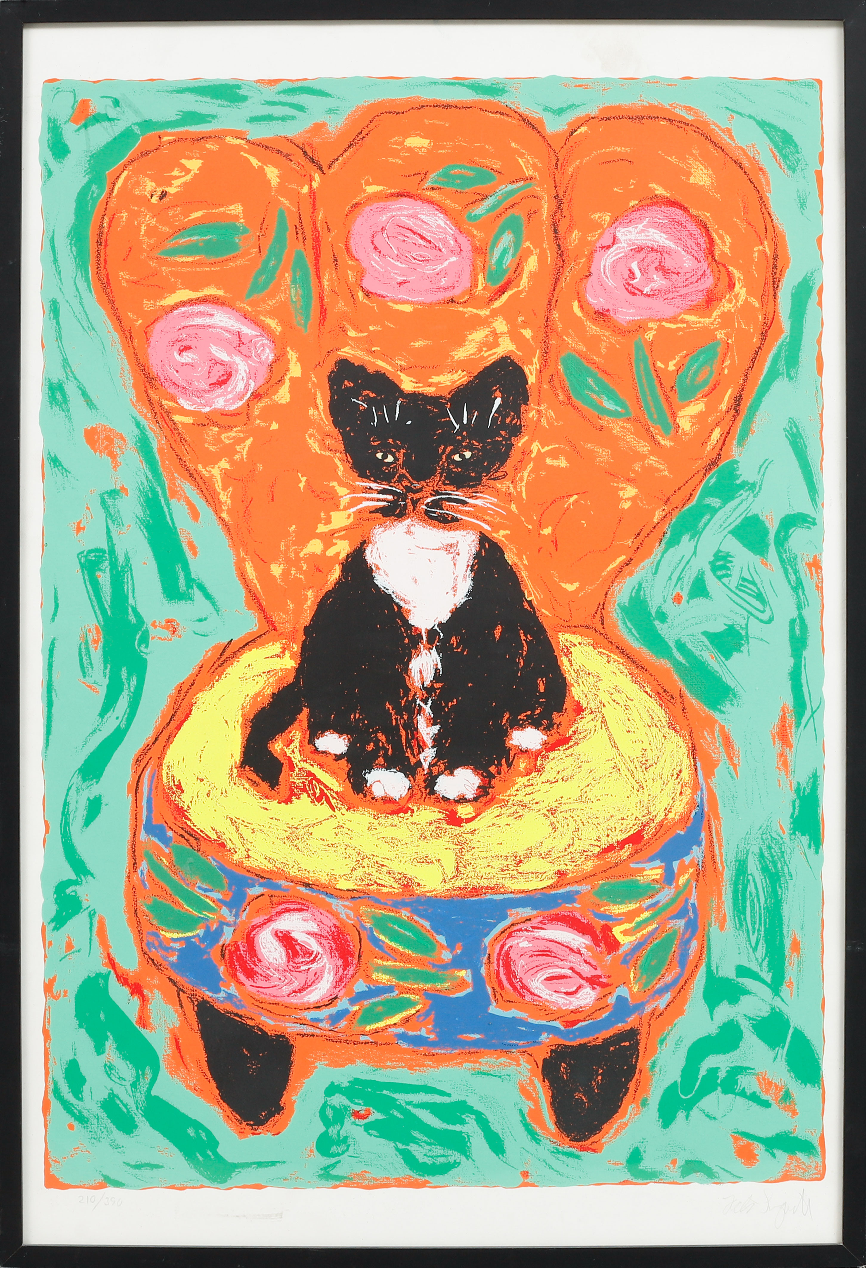 JACK SANGWILL. Katt i fåtölj, färglitografi, signerad och numrerad 210/390.