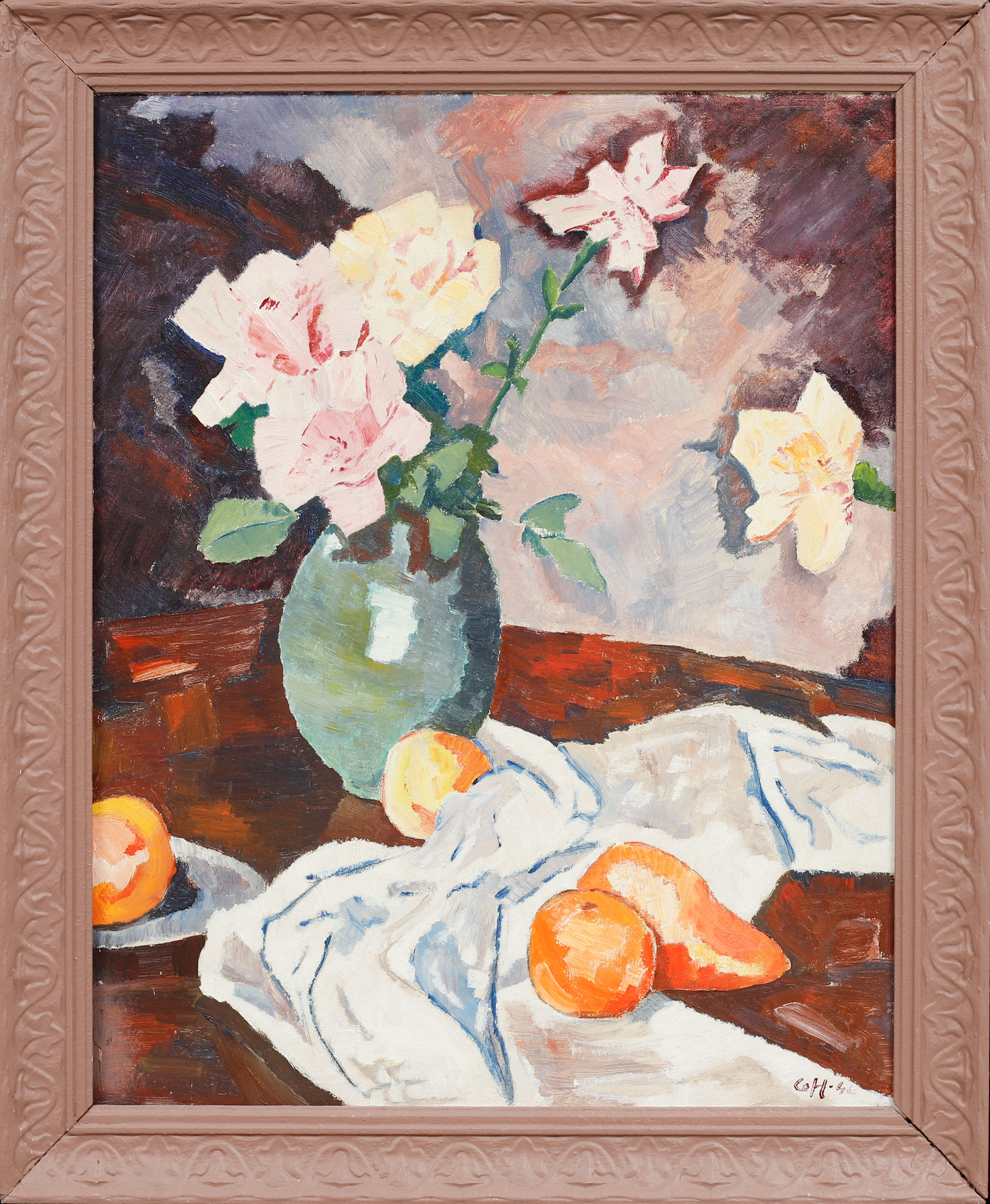 OIDENTIFIERAD KONSTNÄR. Stilleben med blommor och frukter, olja på pannå, signerad och daterad CeH-46.
