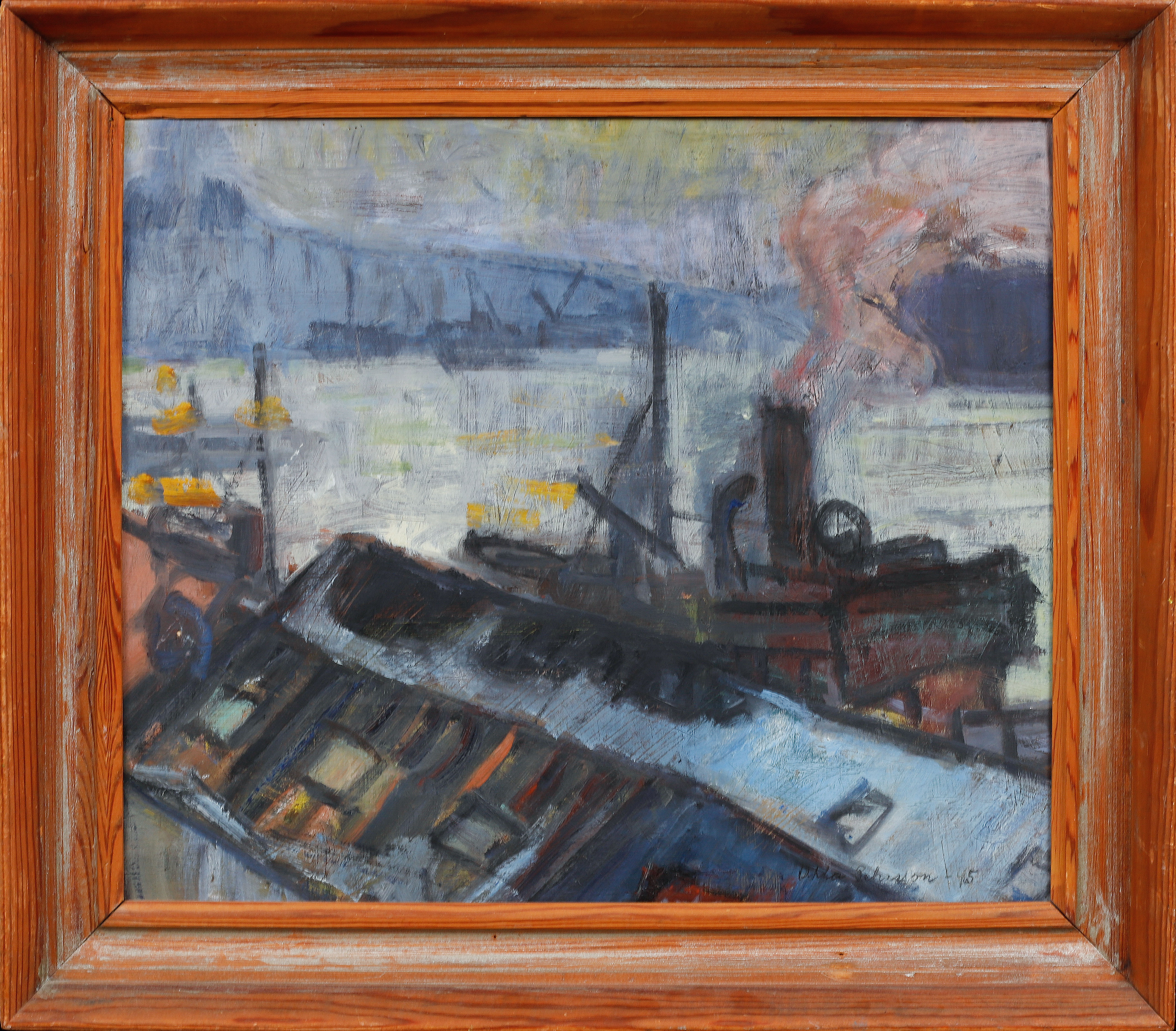 OIDENTIFIERAD KONSTNÄR. Göteborgs hamn, olja på duk, signerad och daterad -45.