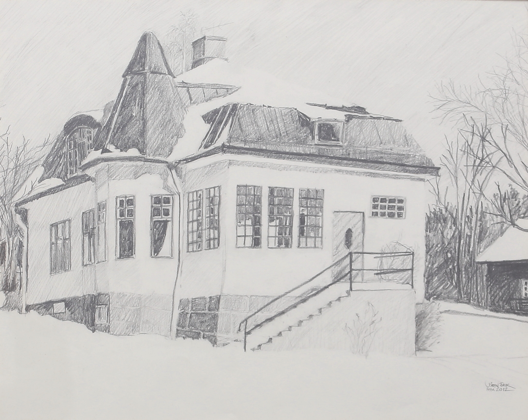 SÖREN FALK. Hus i vintrig trädgård, teckning, signerad, daterad Febr 2012.