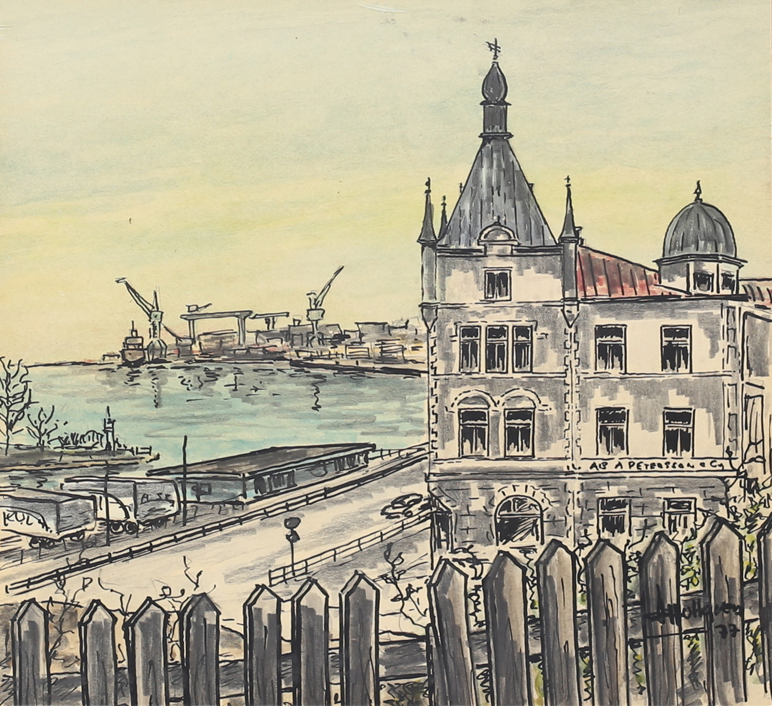 LARS HULTGREN. A. Peterssons med hamnkranarna i bakgrunden, Oskarshamn. Blandteknik, signerad och daterad 77.