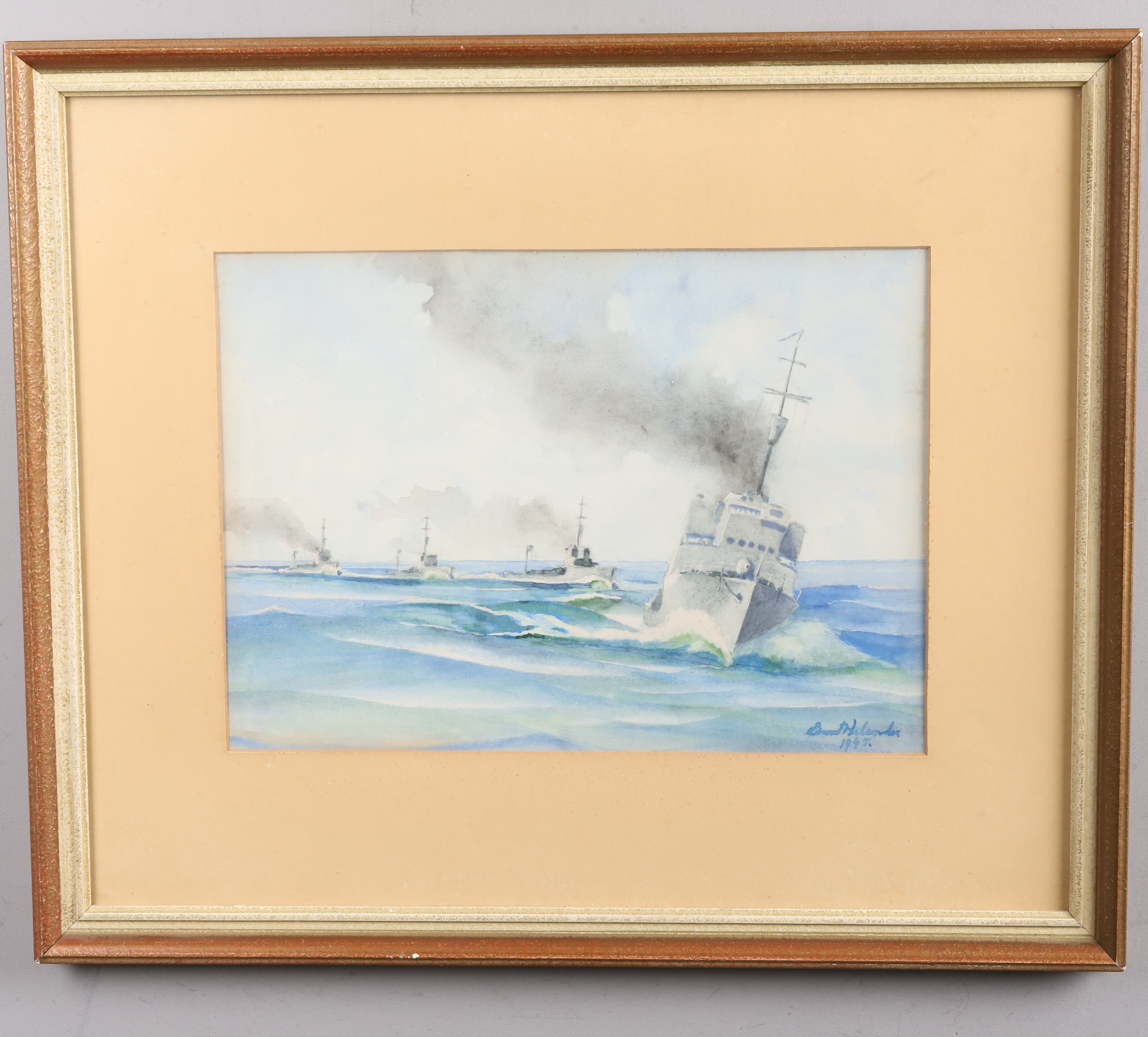 OIDENTIFIERAD KONSTNÄR. AKVARELL, "Skvadron av svenska örlogsfartyg", signerad & daterad -1945.