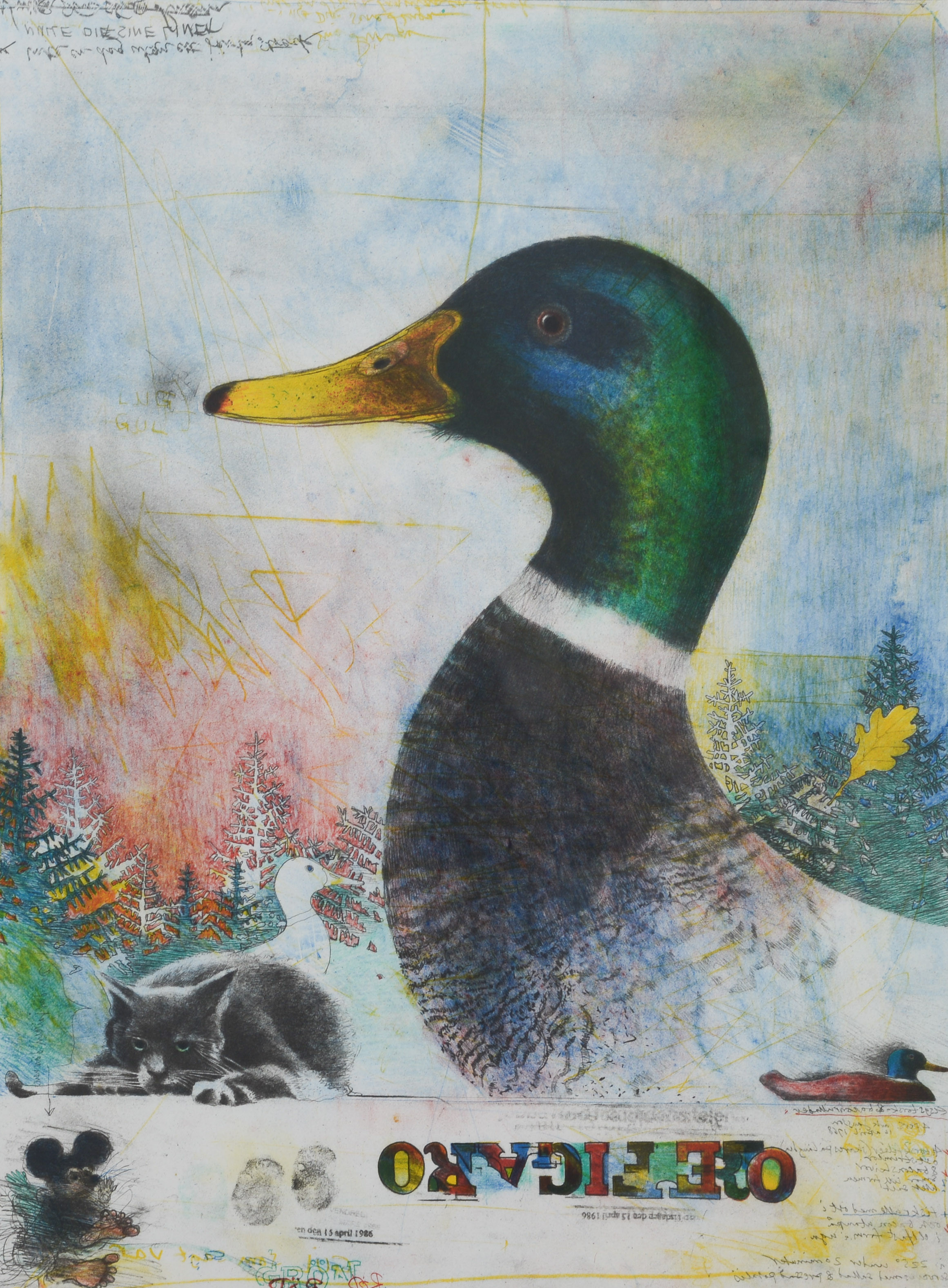 BENGT LANDIN. Komposition med and, färglitografi, signerad, numrerad 40/250.