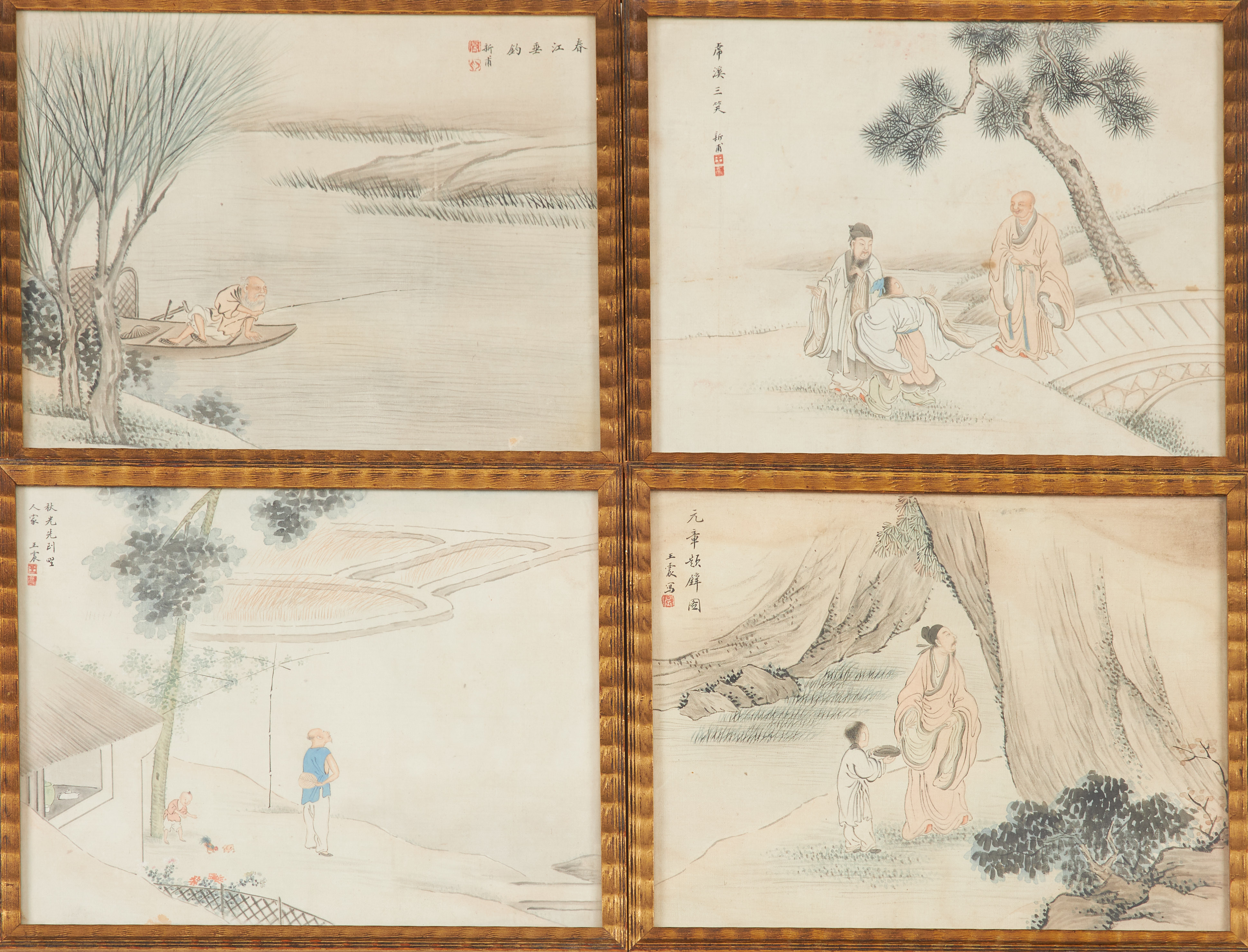 SIDENMÅLNINGAR, 4 st, Kina, tillskrivna Hsin Pu och Wang Chen, Chingdynastin, figurala motiv.