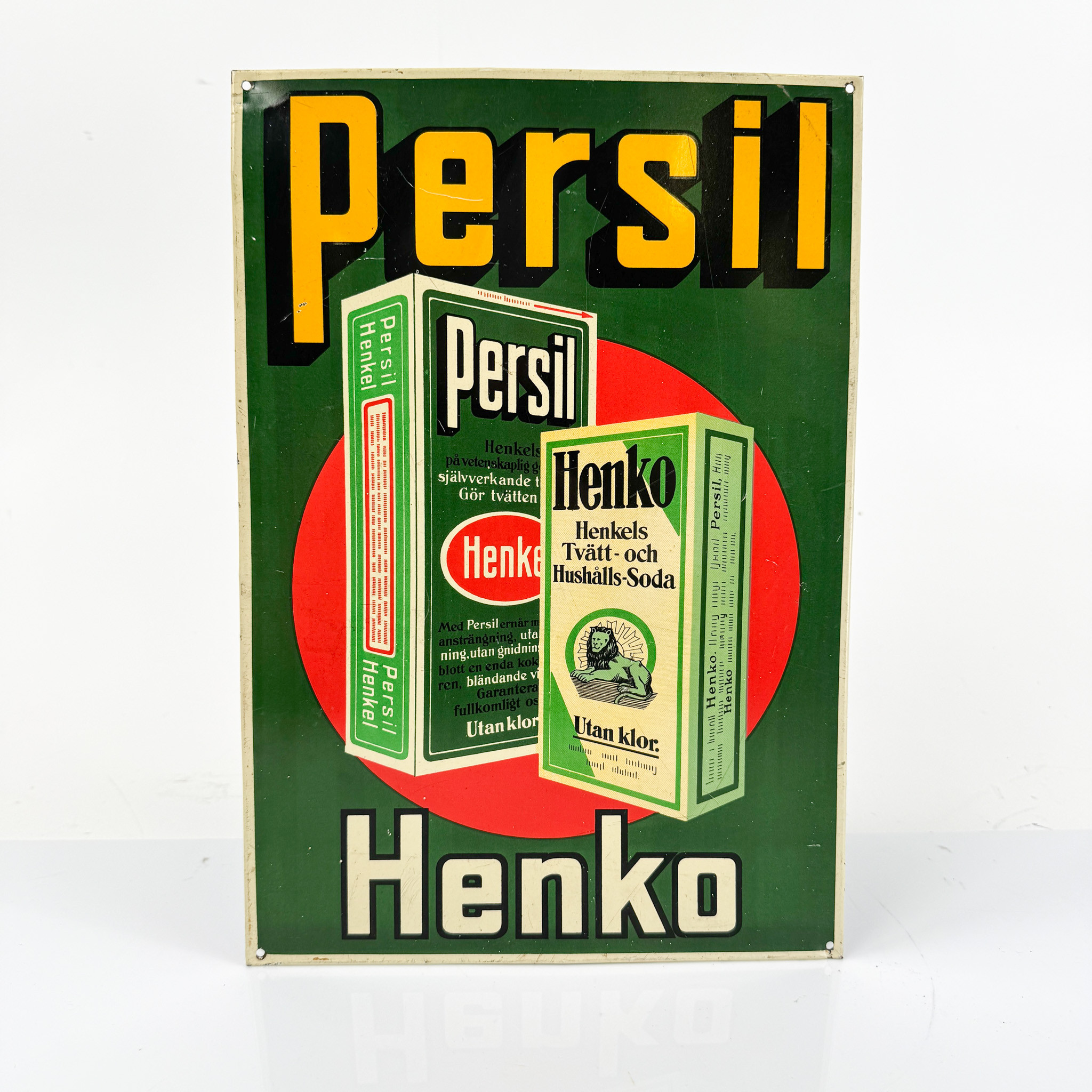 PERSIL HENKO, skylt av litograferad plåt, 1920/30-tal.