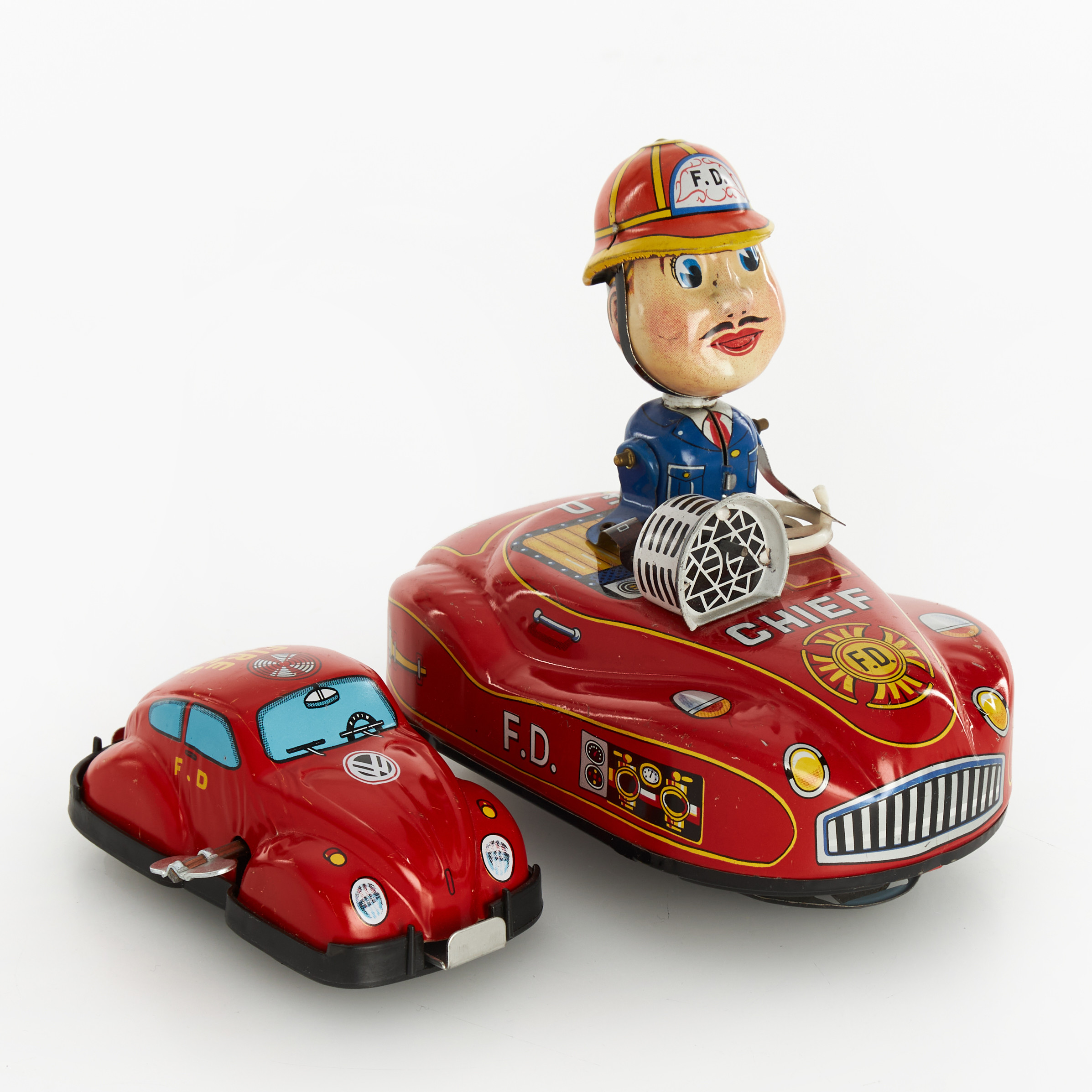 PLÅTLEKSAKER, brandbilar, YOSHIYA K.O & YONESAWA, litograferad plåt, Japan, 1950/60-tal.