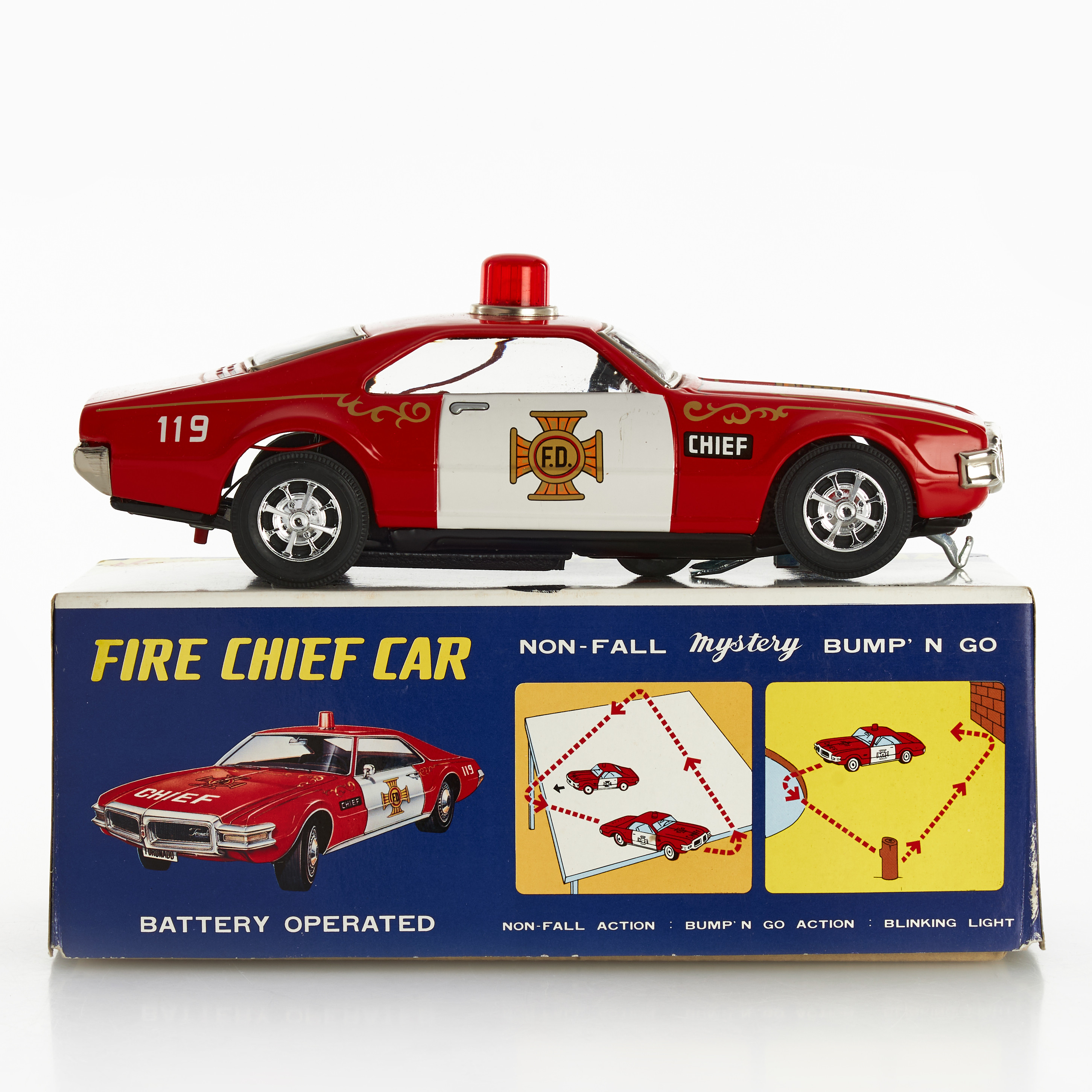 TAIYO KOGYO, "Fire Chief Car", litograferad plåt, batteri, originalkartong, Japan, 1960/70-tal.