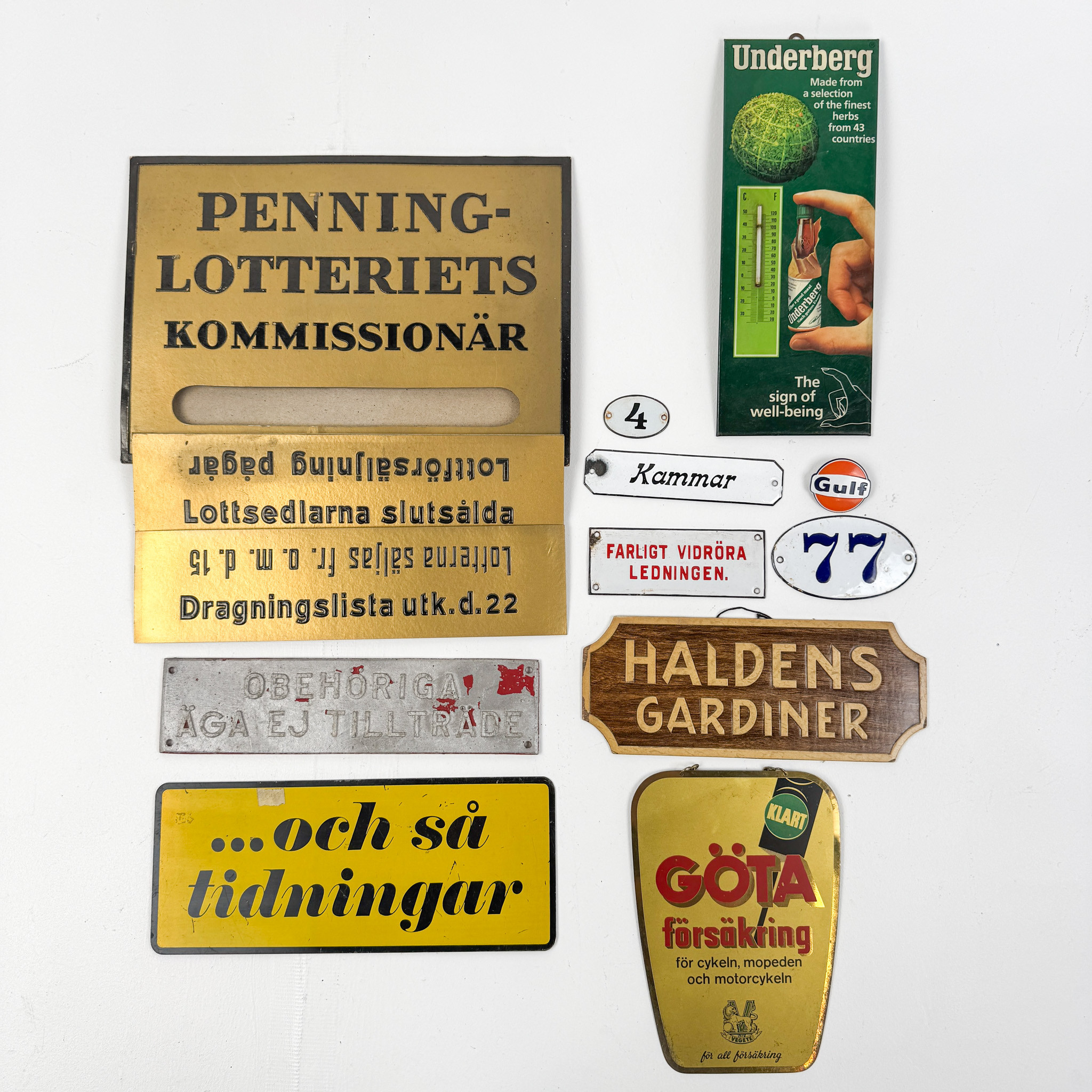 GULF, HALDENS, GÖTA M.FL, skyltar, 11 st, 1900-tal.