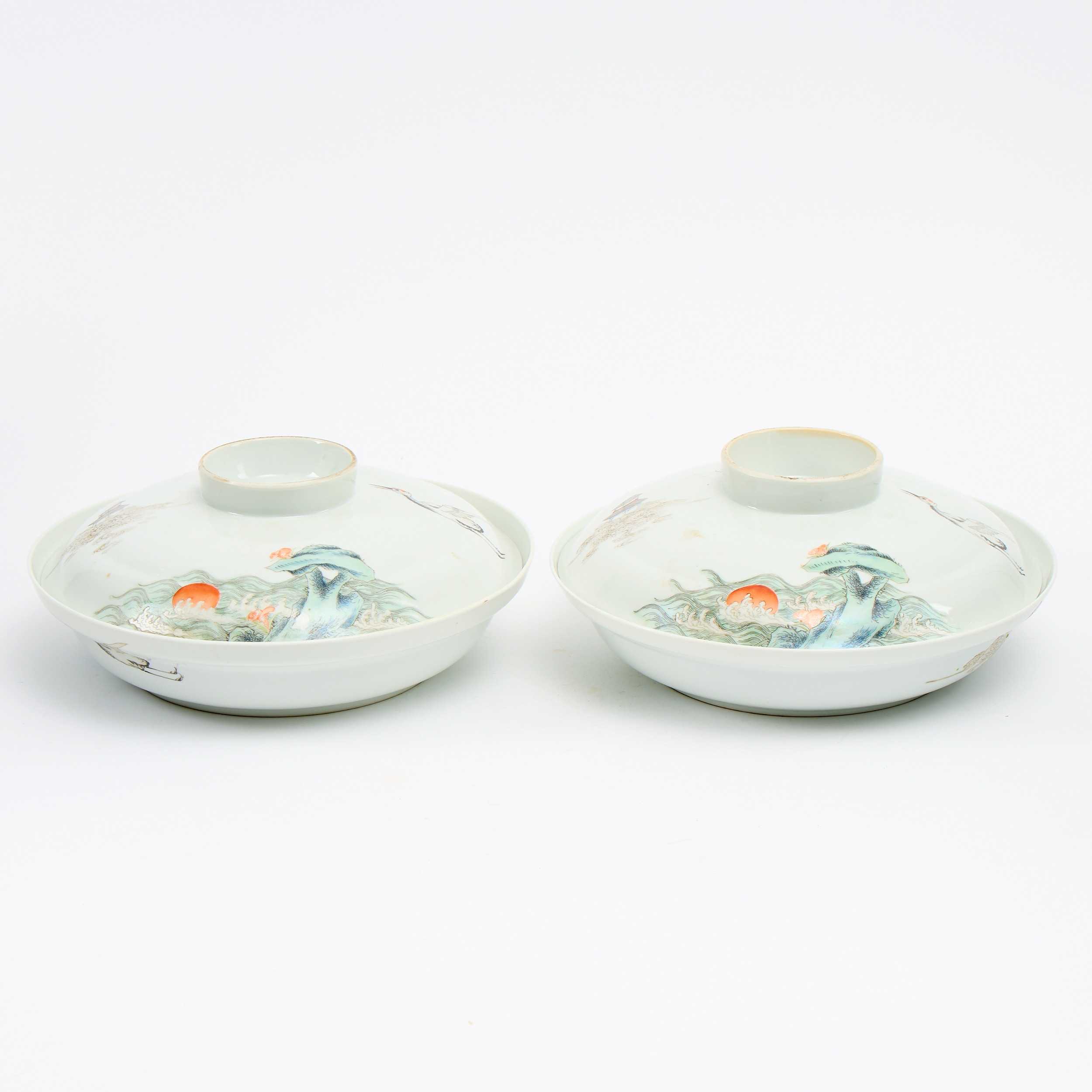 A Pair of Chinese Polychrome-Enamelled Porcelain 'Crane' Bowls and Covers.