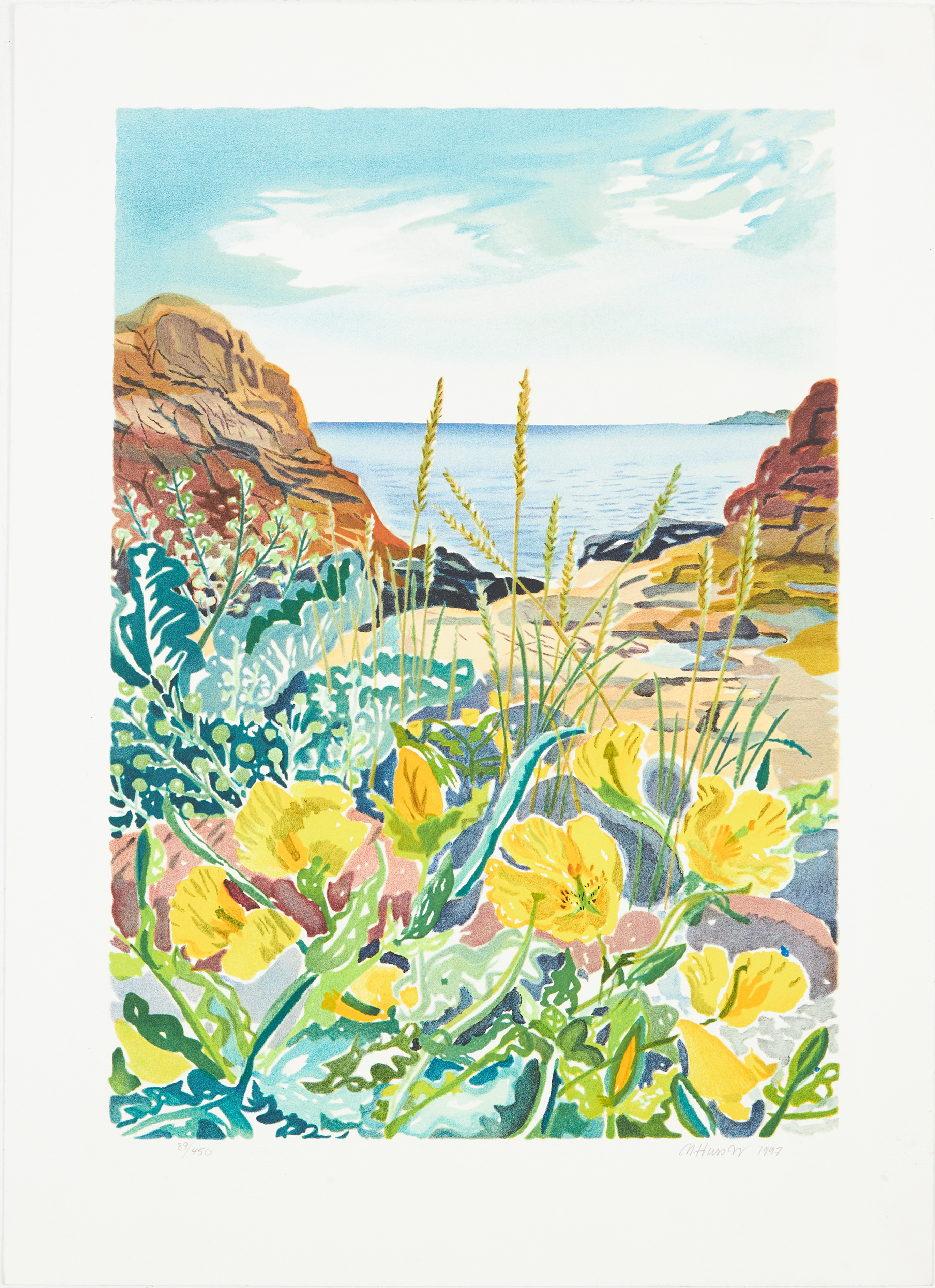 MONA HUSS WALIN. ”Strandvallmo vid Kosterfjorden”, färglitografi, numrerad 89/450, signerad och daterad 1997.