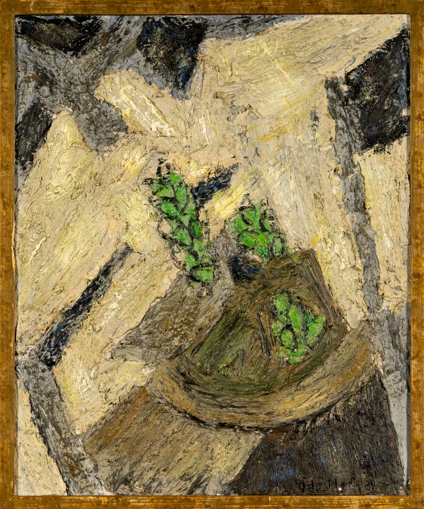 GUNNAR HÅLLANDER. Olja på pannå, "Tre riskvistar", Signerad, 1960.