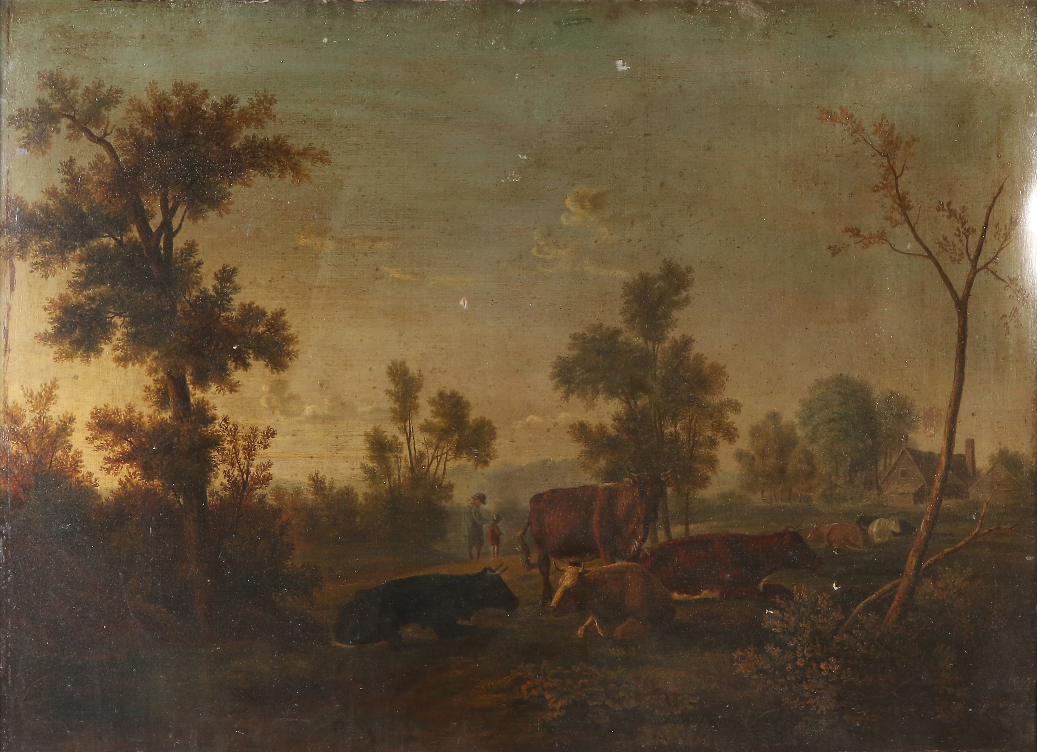 OIDENTIFIERAD KONSTNÄR. Oljemålning på duk, 1700-tal, lantscen med boskap.