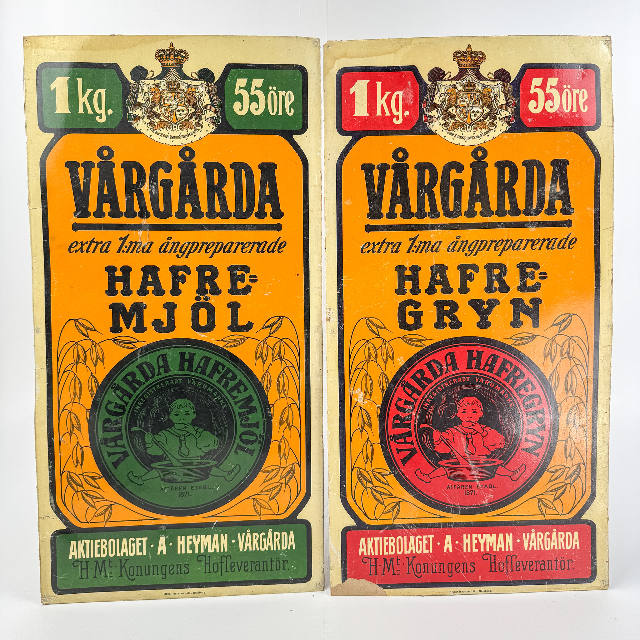 VÅRGÅRDA, "Hafregryn" / "Hafremjöl", pappskyltar, 2 st, 1900-talets början.