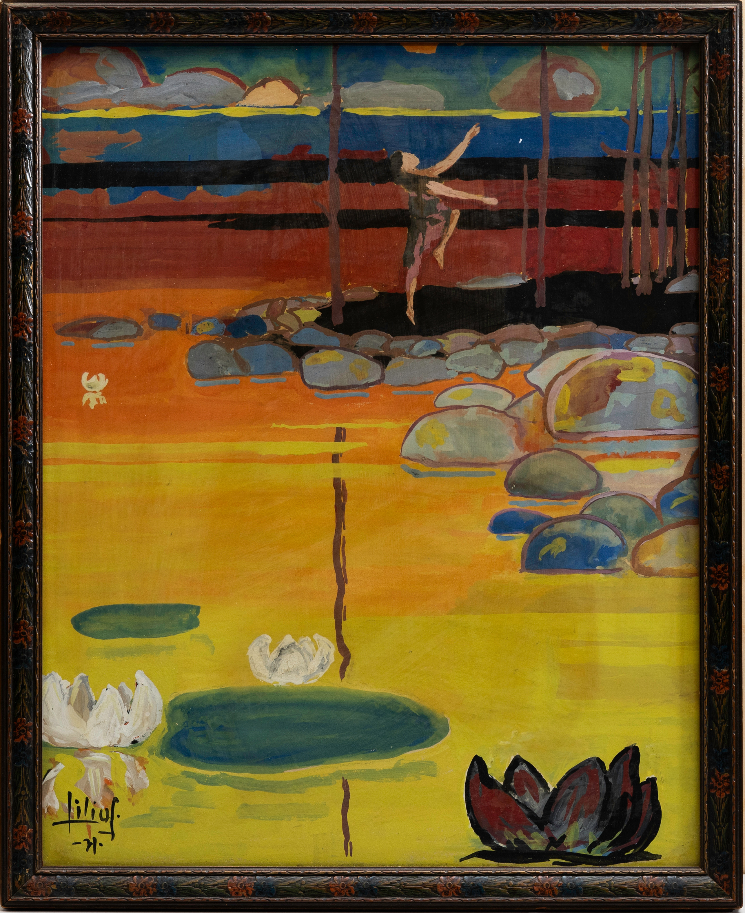 OIDENTIFIERAD KONSTNÄR. Drömlandskap, möjligen Irmelin Sandman Lilius blandteknik, bär signatur Lilius och datering, -71.