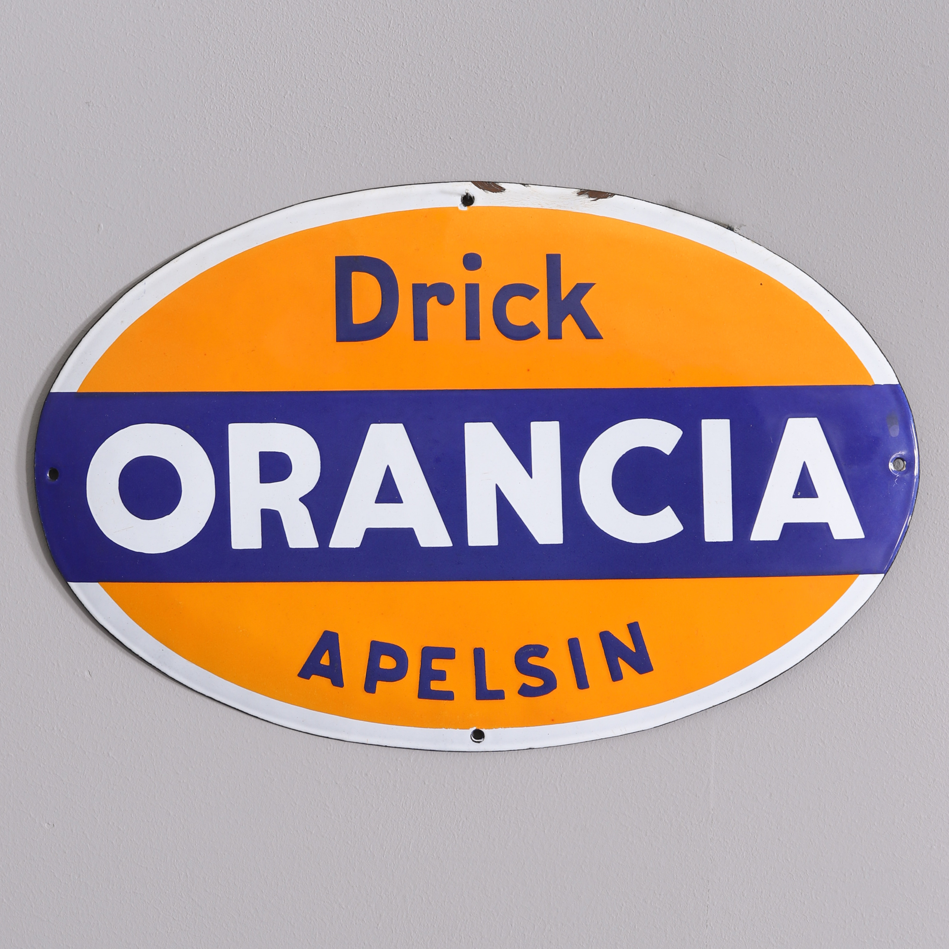 DRICK ORANCIA APELSIN, emaljskylt, oval. 1930-40-tal.