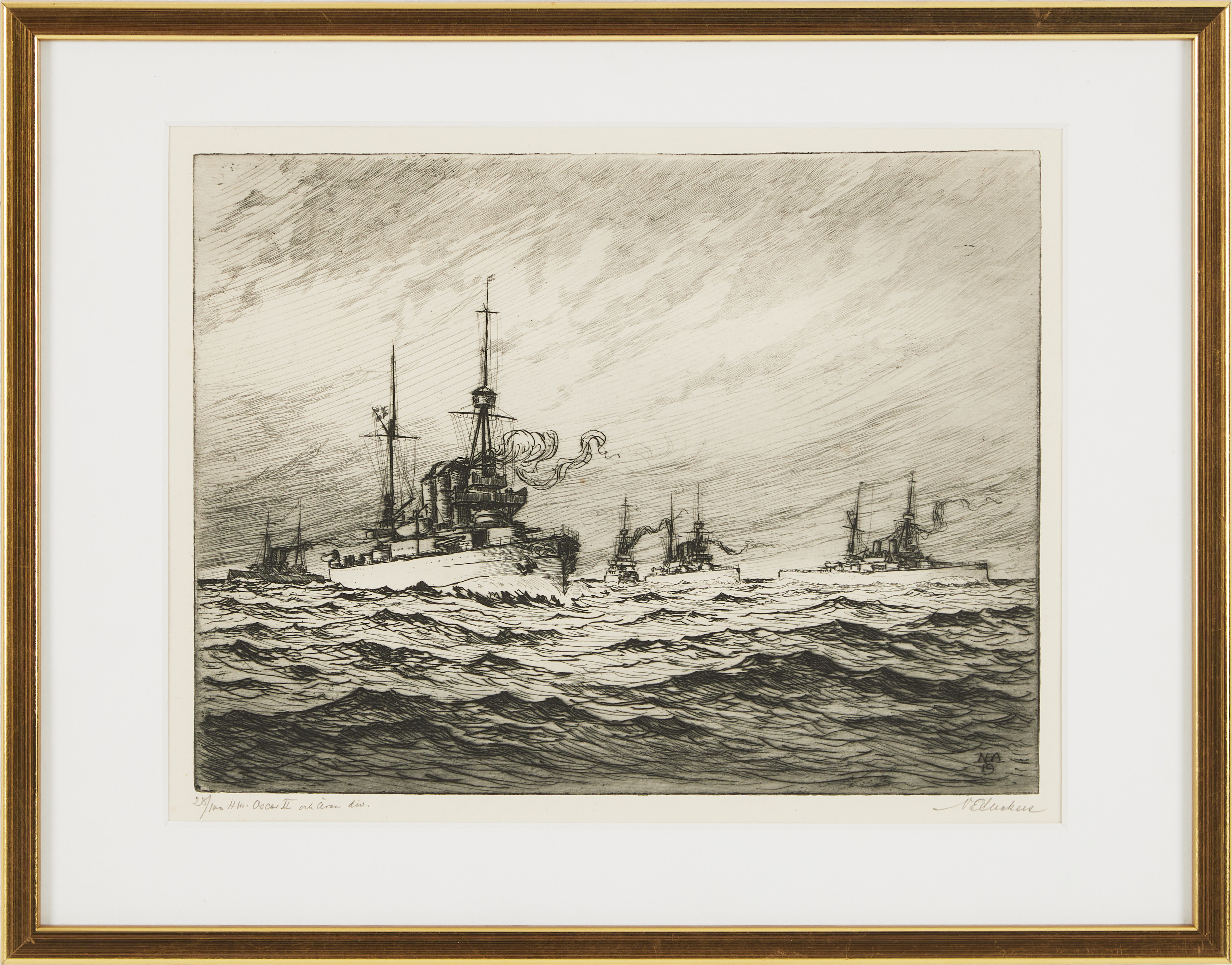 NILS ELIAS ANCKERS (1858–1921). "HM Oscar II och Äran", etsning.