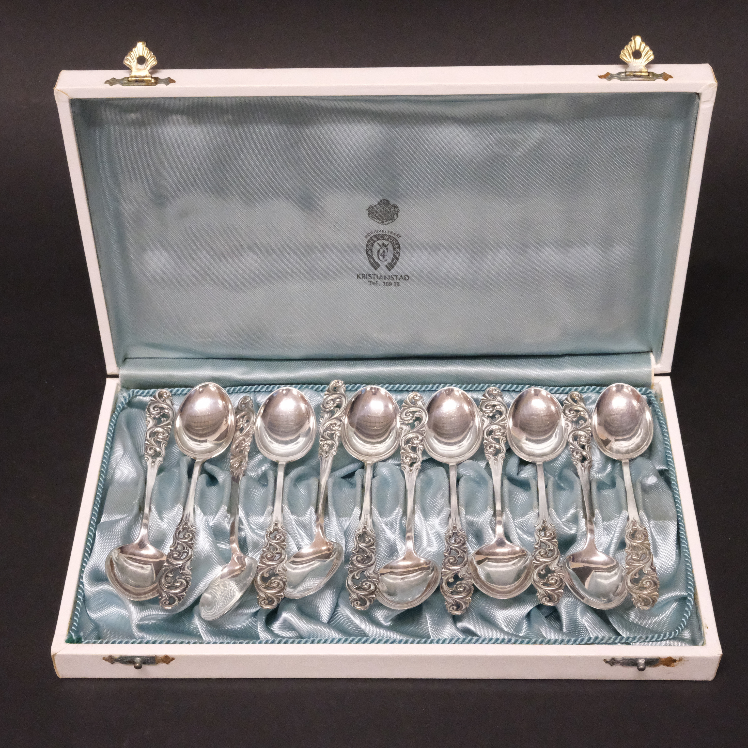 KAFFESKEDAR, "TELE", SILVER, BRÖDERNA MYLIUS, NORGE, 12 STYCKEN.