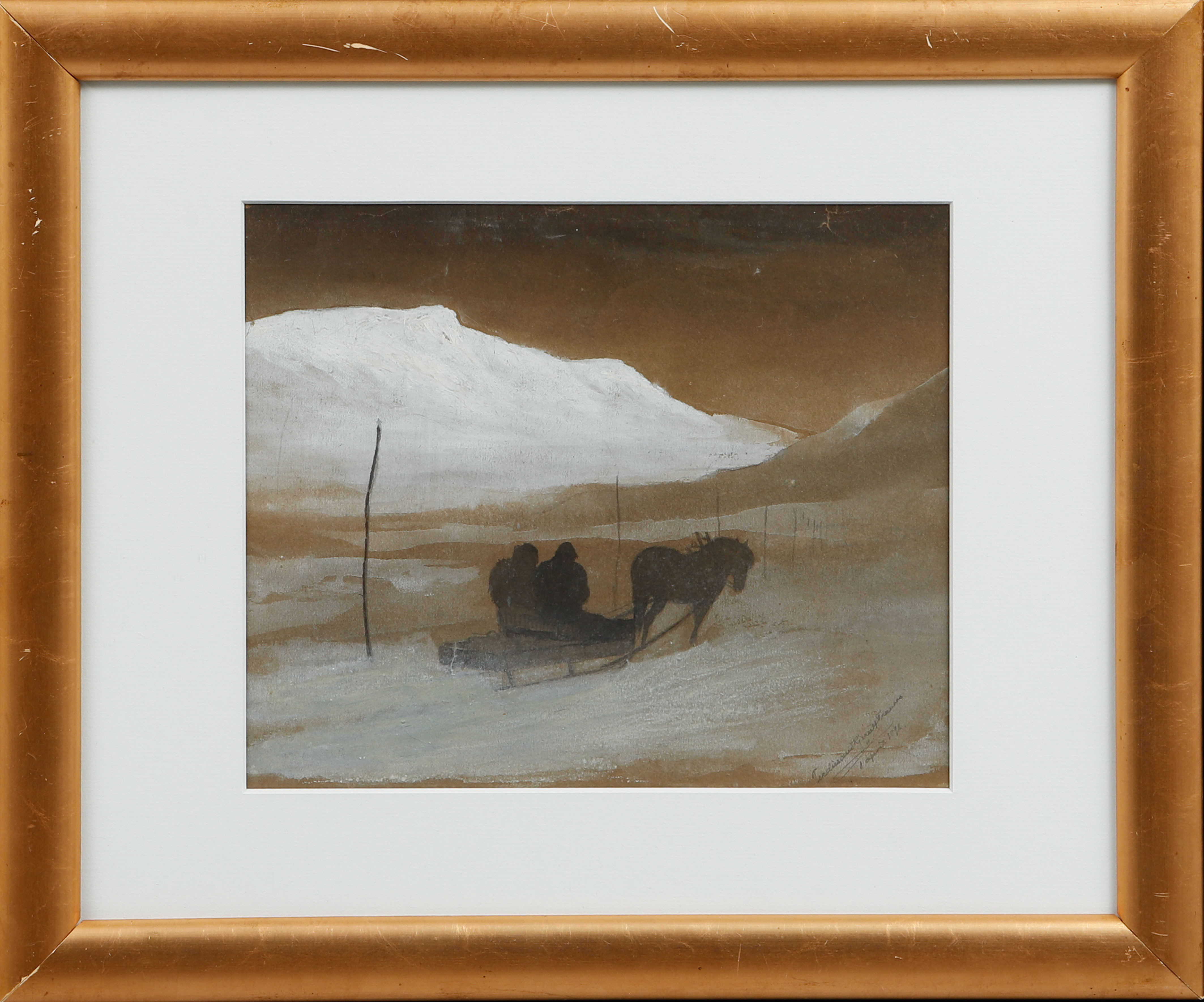 FERDINAND KJERULF TRANAAS. Hästsläde, Blandteknik, signerad och daterad.