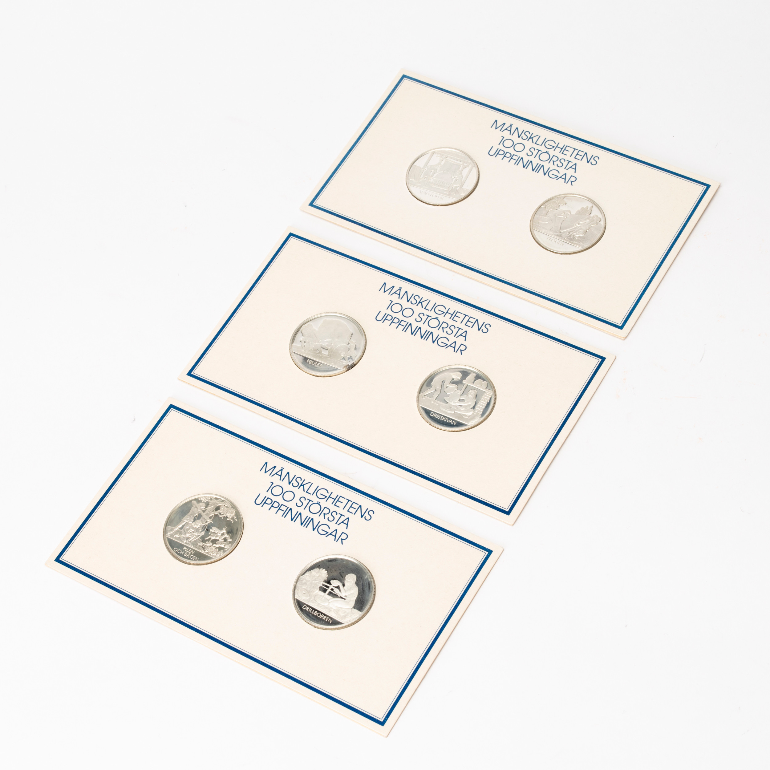 FRANKLIN MINT, 6 st medaljer, silver, Mänsklighetens 100 största uppfinningar, 1976.