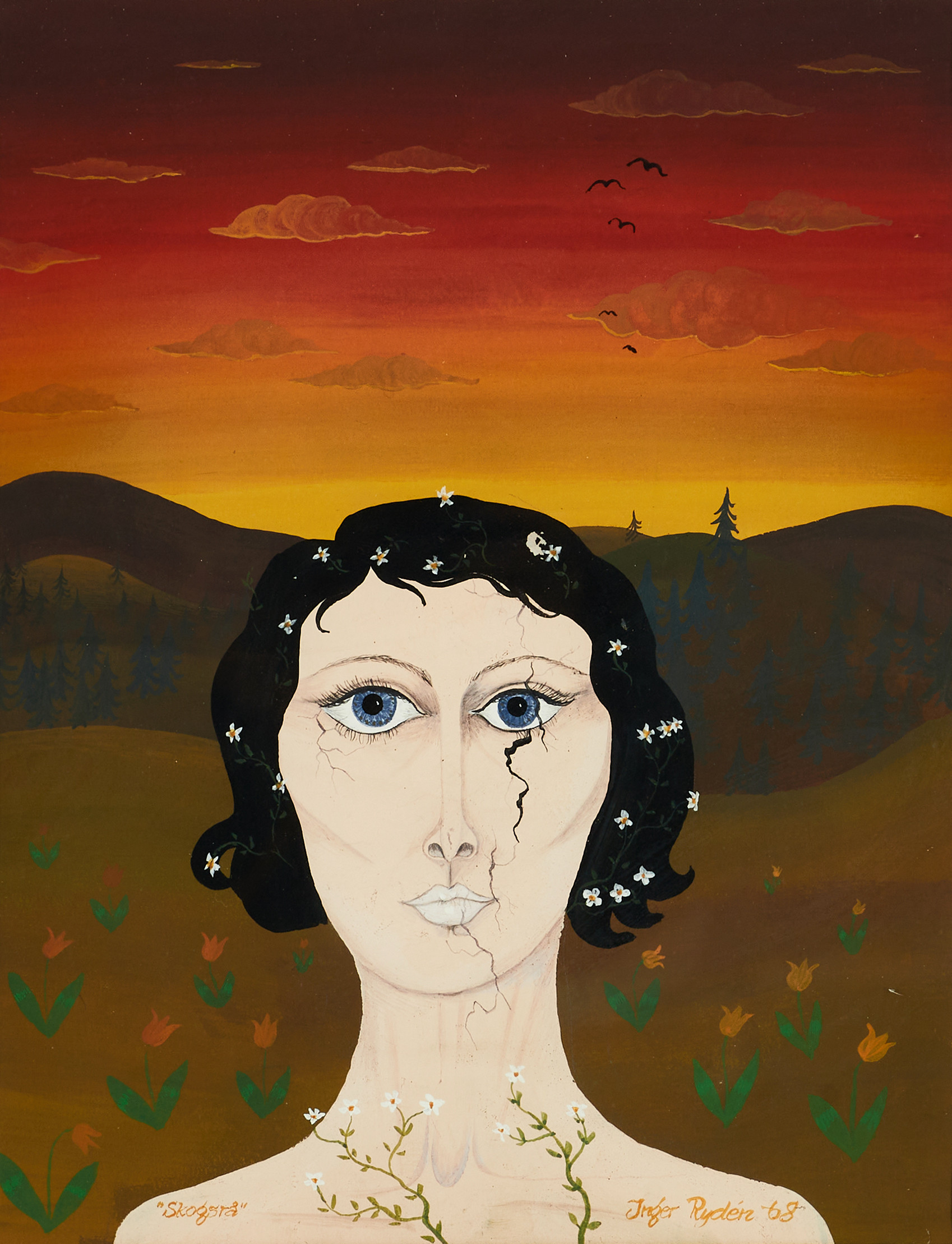 INGER RYDÉN (1944–2020). Surrealistiskt kvinnoporträtt, signerad och daterad 68, gouache.