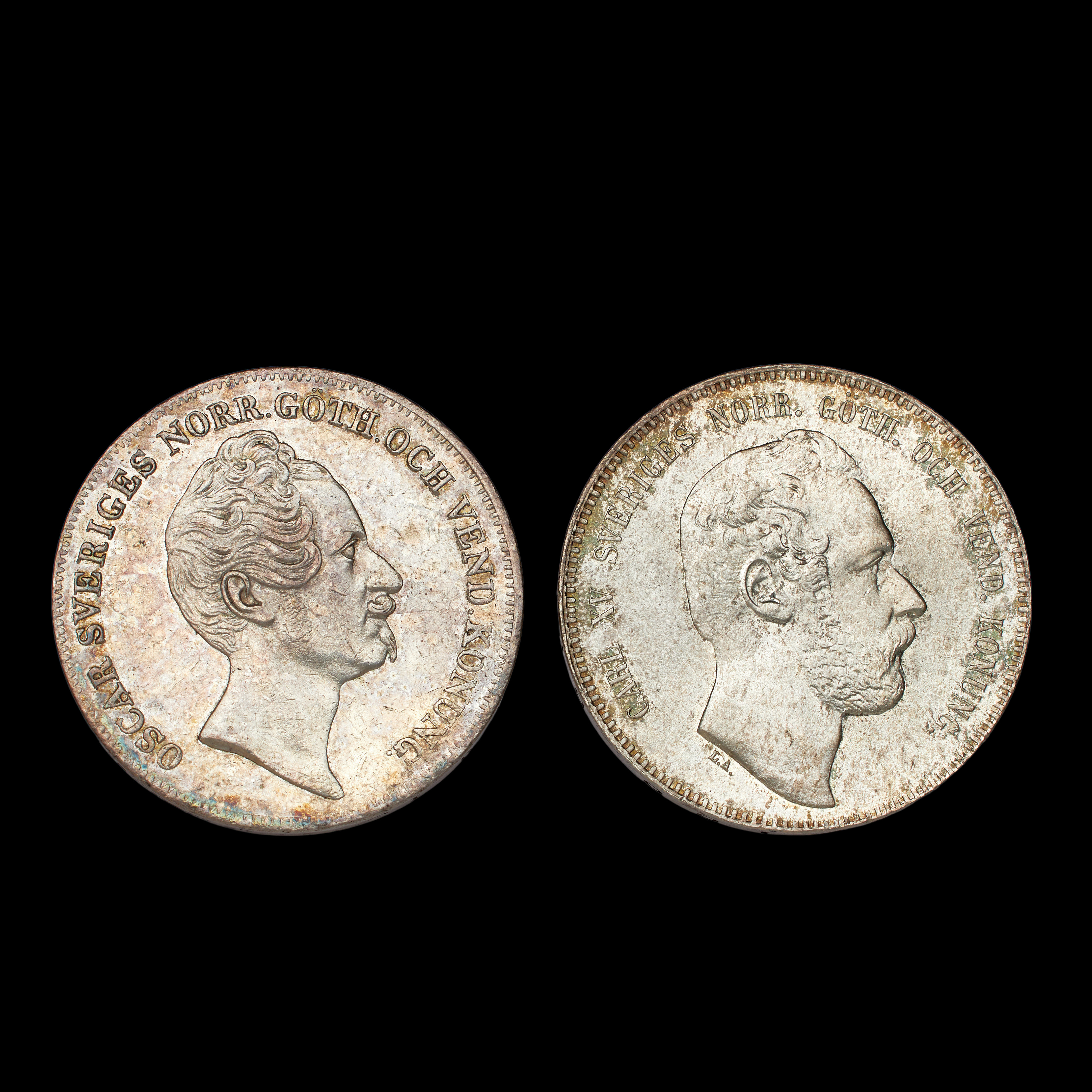 SILVERMYNT, 2 st, Karl XV, 4 riksdaler 1871, Oscar I, 1 riksdaler, 1853.