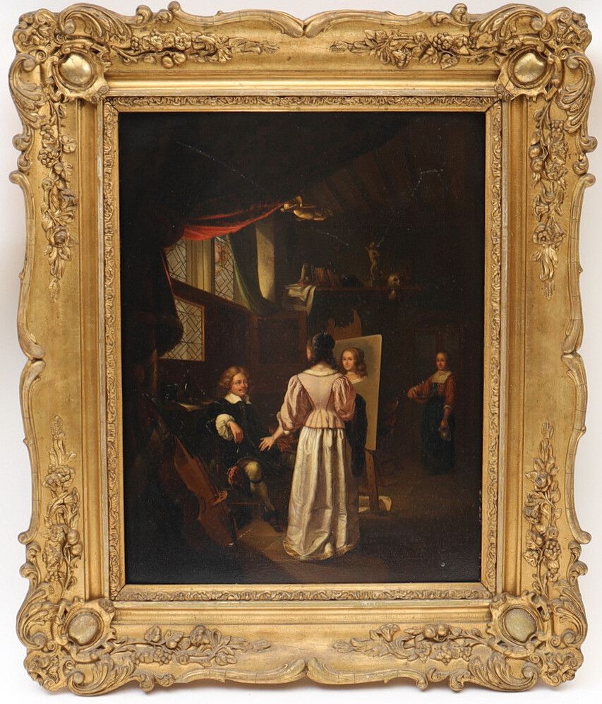 OKÄND KONSTNÄR. Nordeuropa, 1700-tal, olja på träskiva, interiör med figurer.