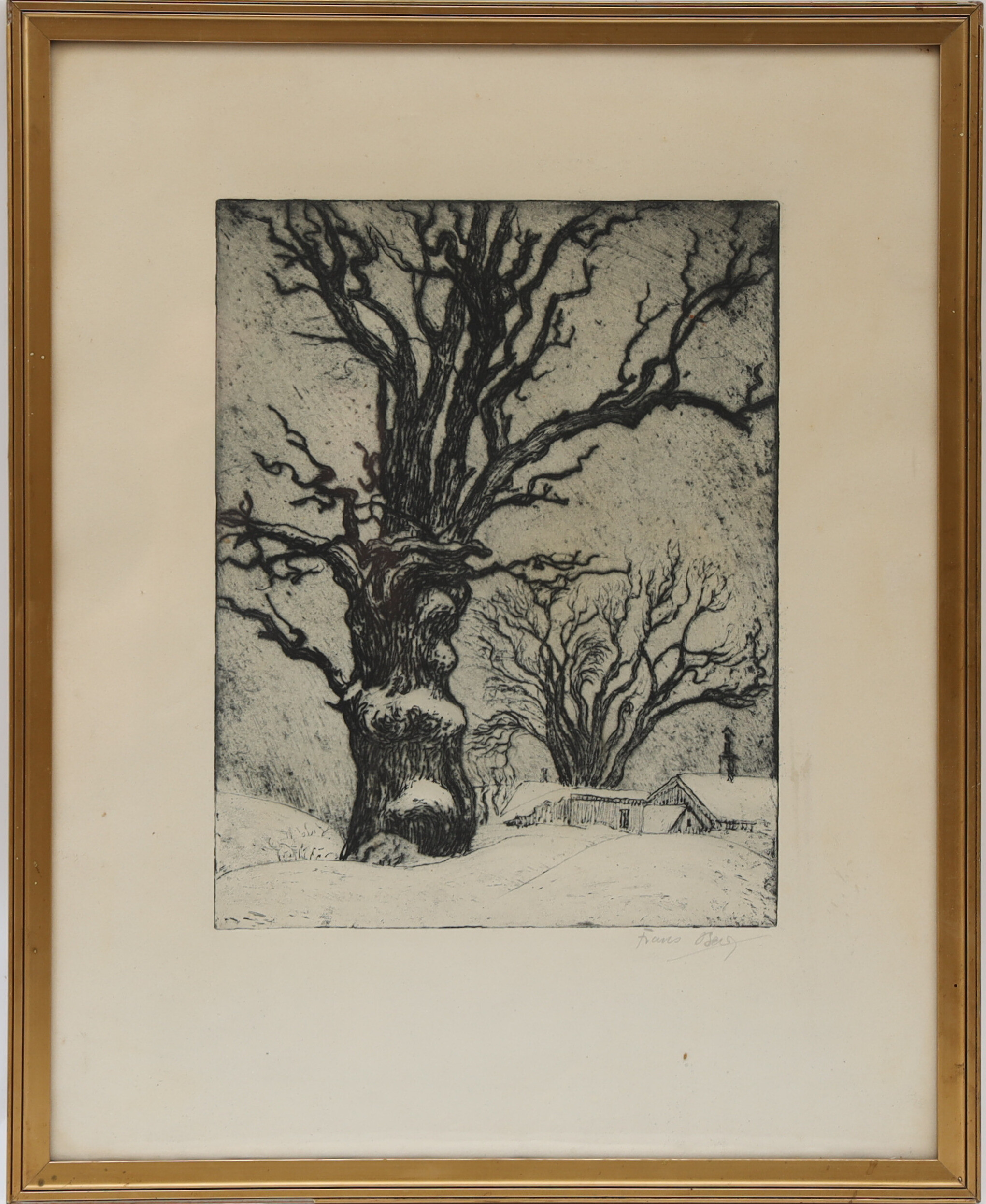 FRANS BERG. Landskap med stuga och träd, etsning, signerad.