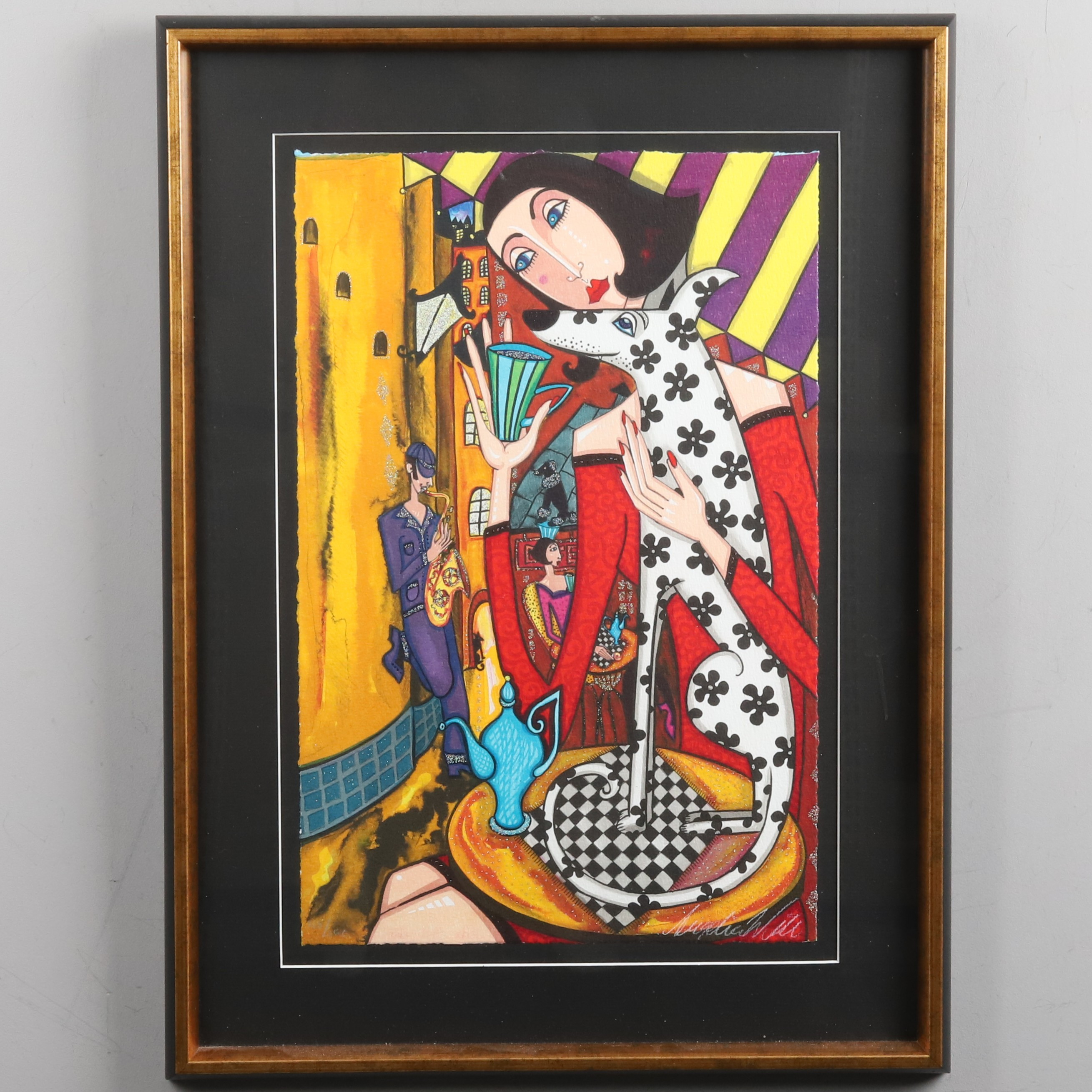 ANGELICA WIIK. Komposition, Litografi, "Kaffepaus", signerad och numrerad 215/290.