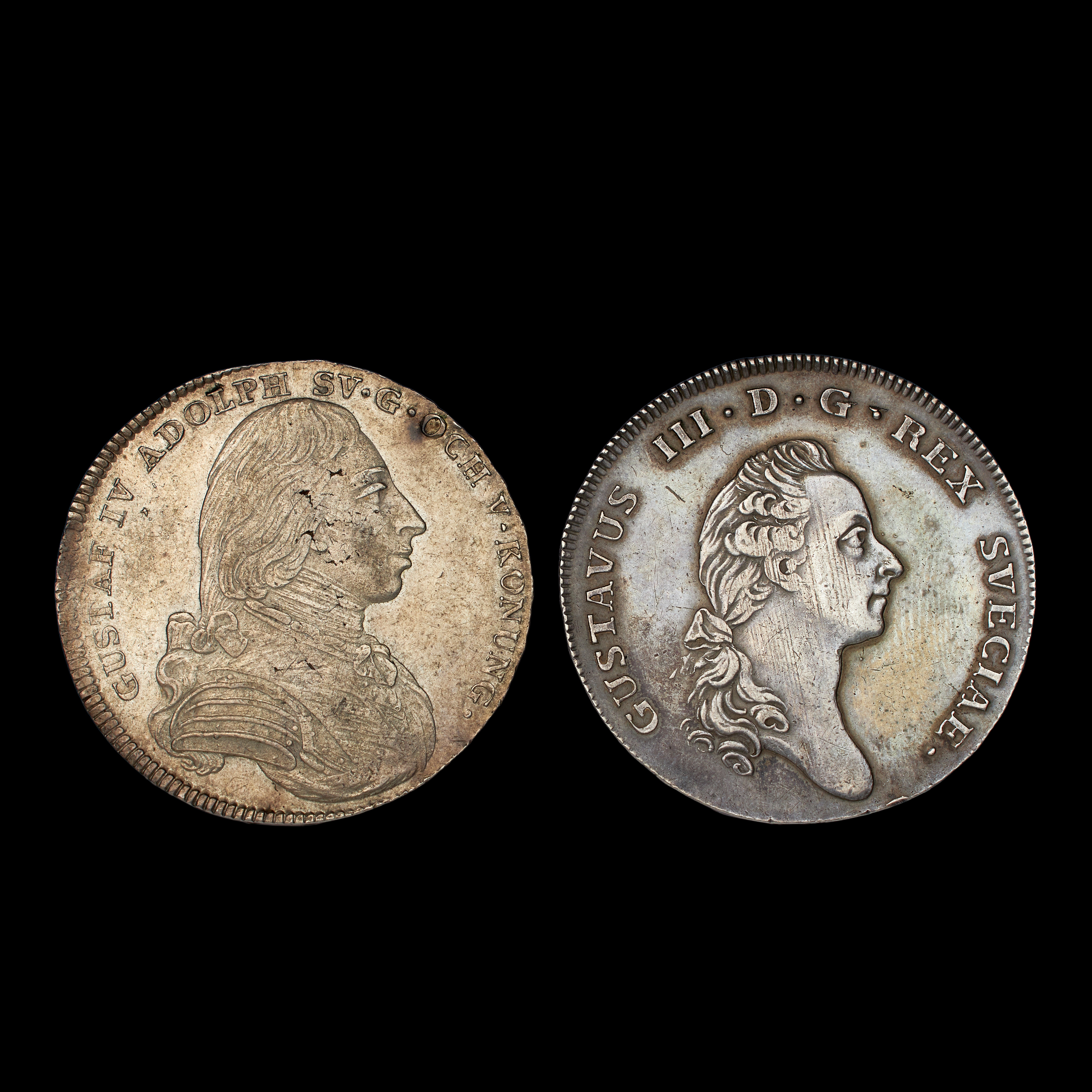 SILVERMYNT, 2 st, Gustaf III, 1 riksdaler, 1776, Gustaf IV Adolf, 1 riksdaler 1806.